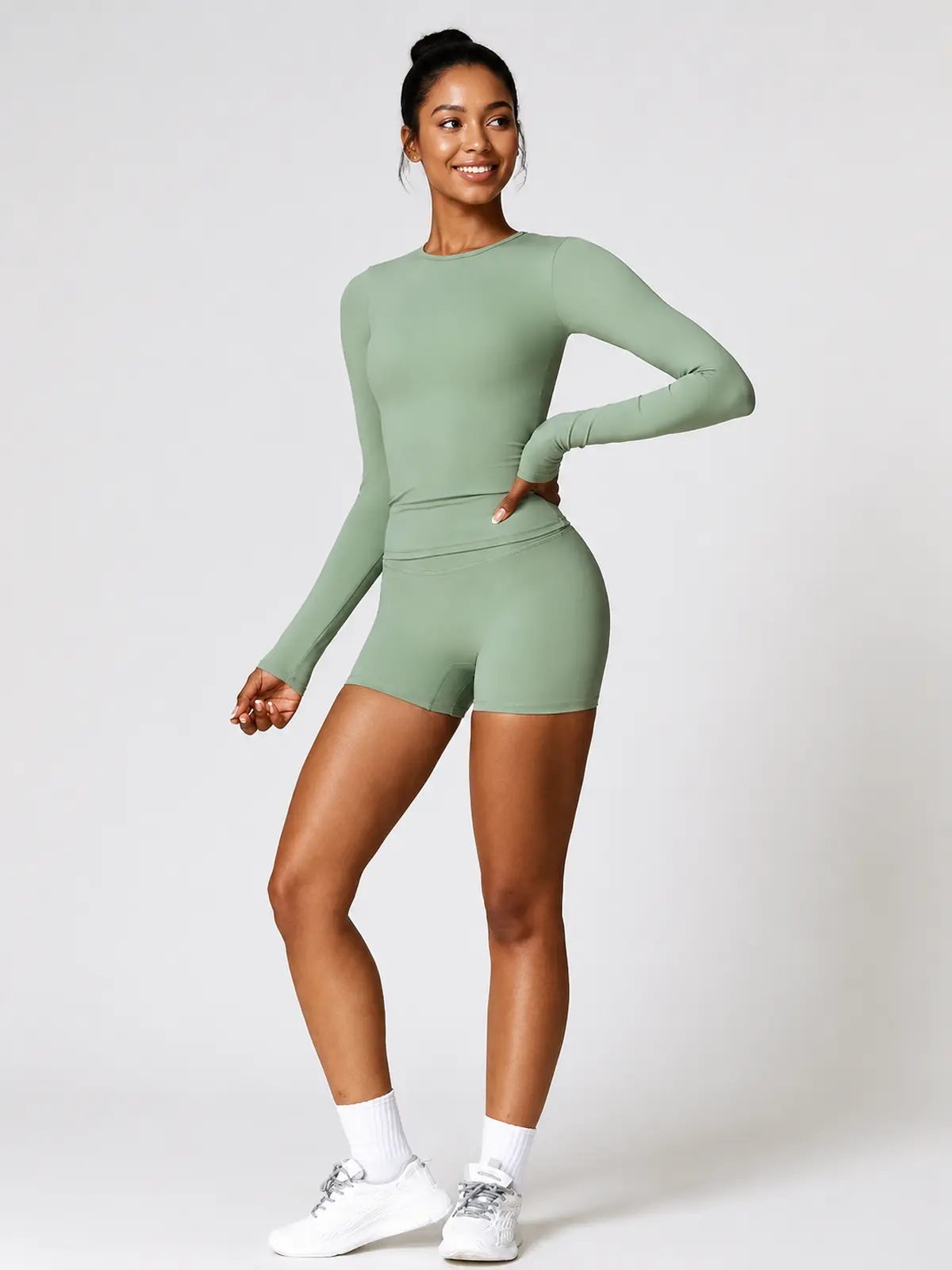 Radian Muse Long-Sleeve Yoga Crop Top — sage green — general — authoritative variation match