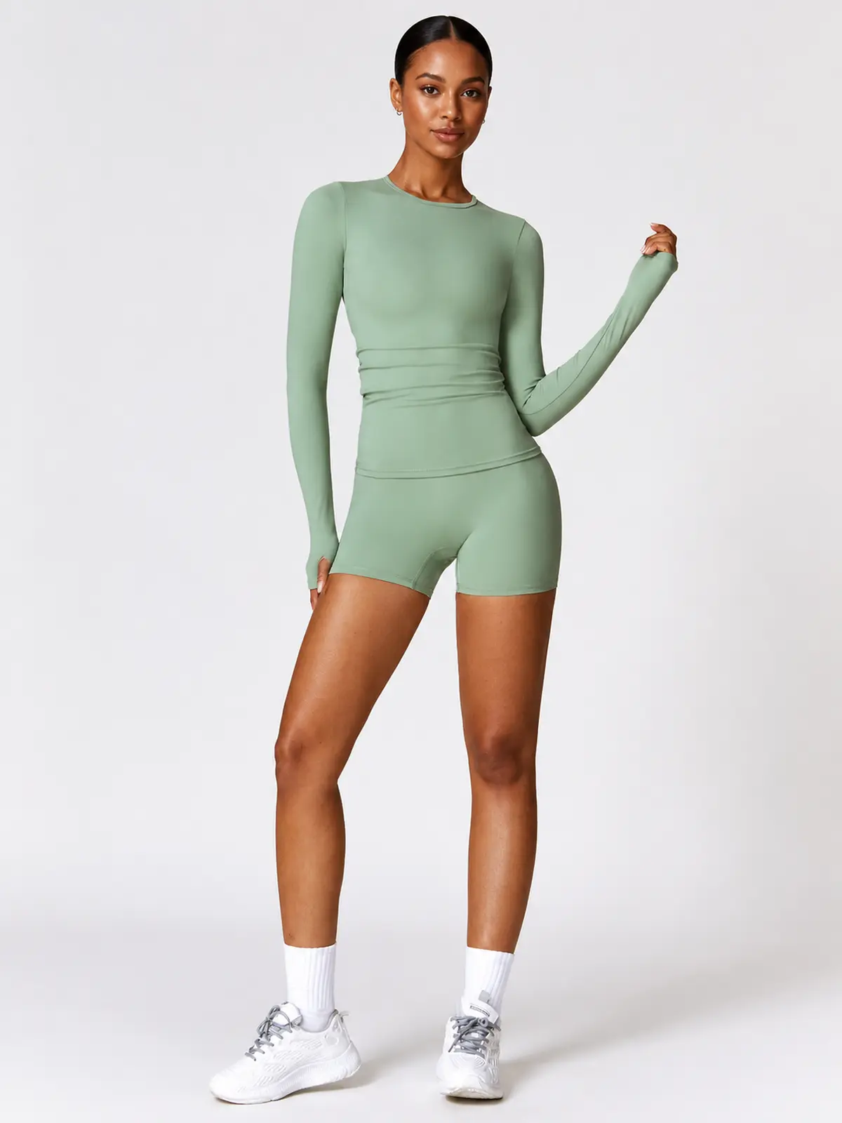 Radian Muse Long-Sleeve Yoga Crop Top — sage green — romper — assigned human anchor cluster