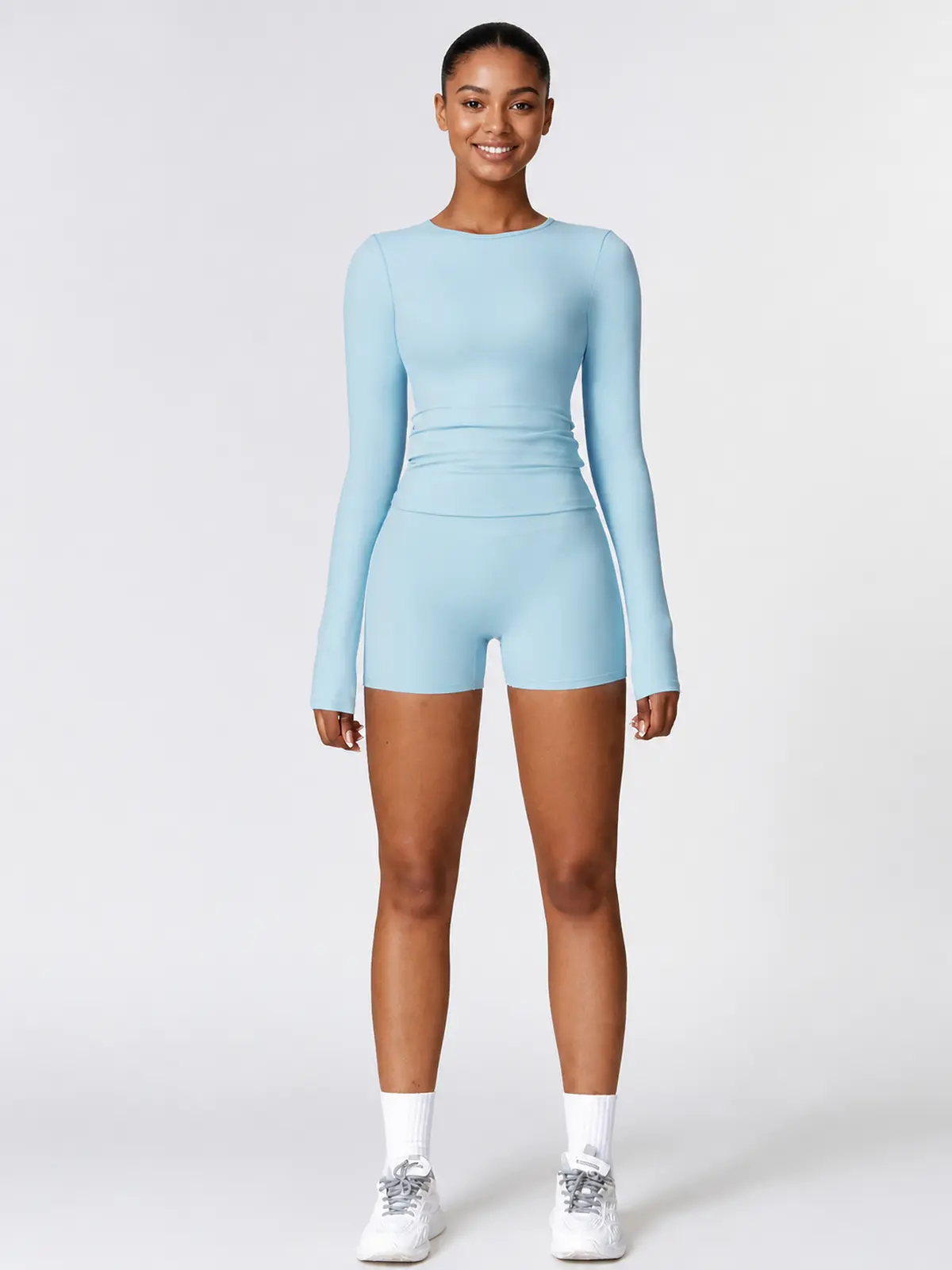 Radian Muse Long-Sleeve Yoga Crop Top — sky blue — general — authoritative variation match