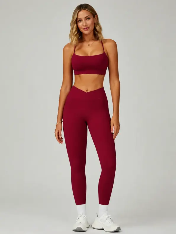 Raven Bloom Square-Neck Sports Bra and Full-Length Leggings Set — cherry red — general — authoritative variation match