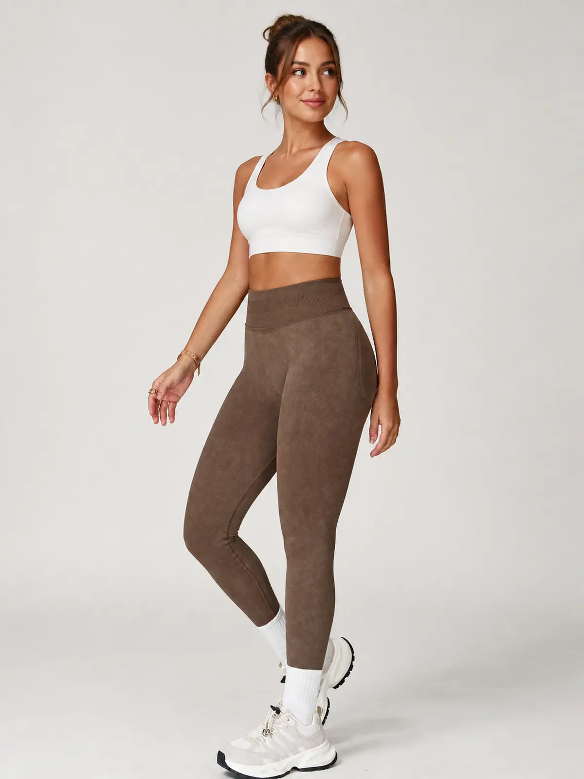 Ribbed Motion Seamless High-Rise Ankle Leggings — brown — authoritative variation match