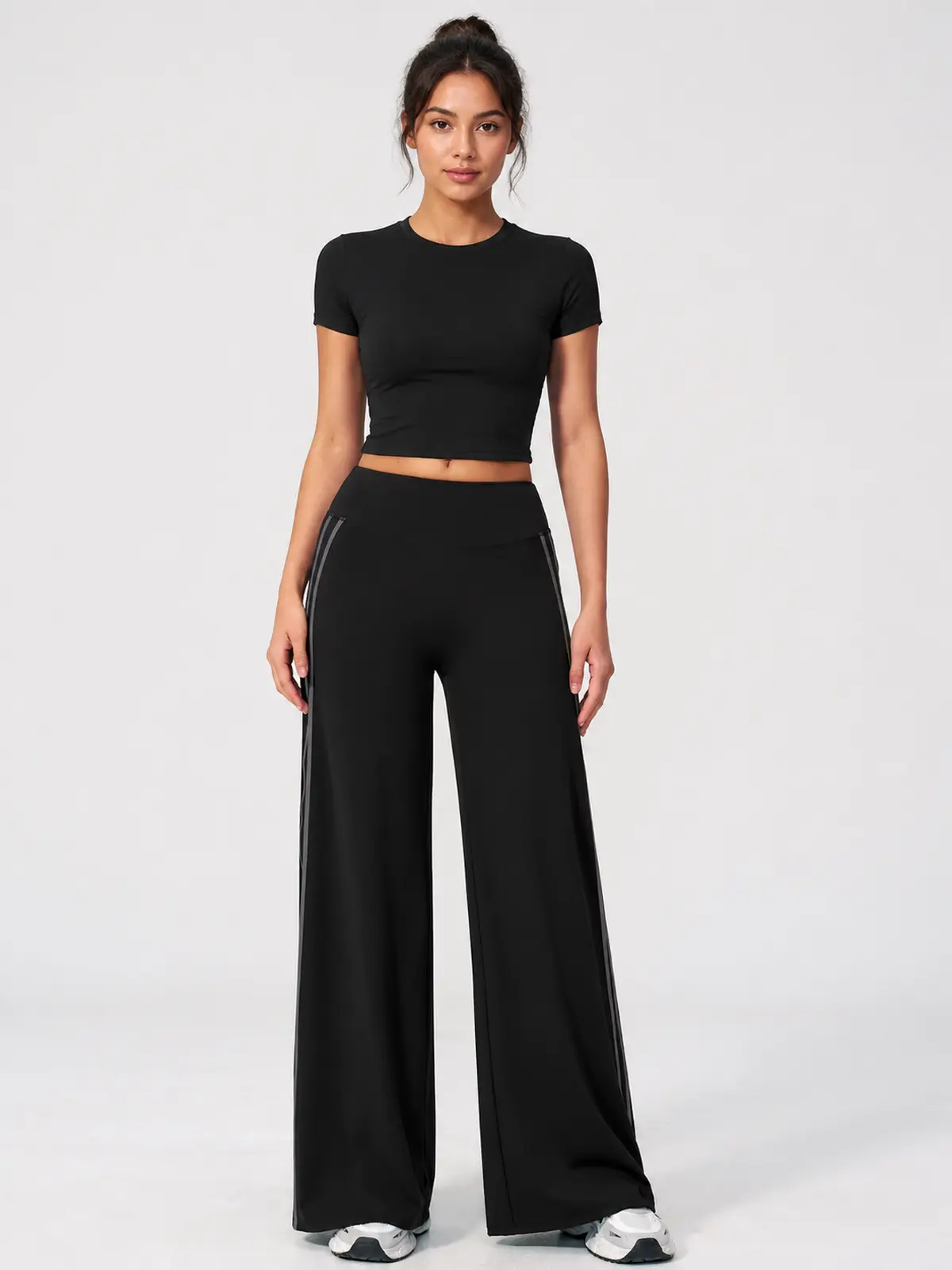 Ribbon Current High-Rise Wide-Leg Yoga Pants with Side Stripes — black — flare-leggings — authoritative variation match