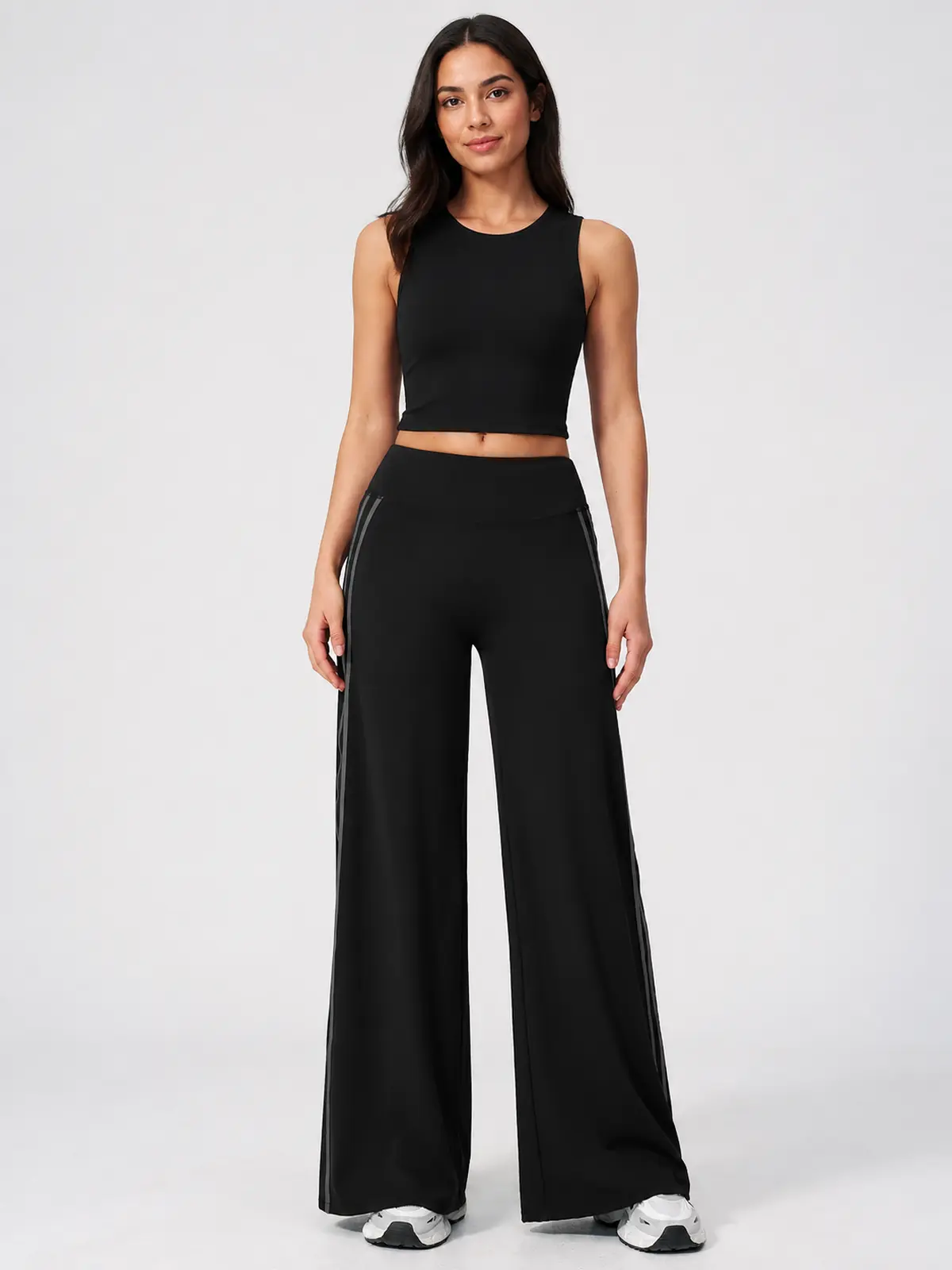 Ribbon Current High-Rise Wide-Leg Yoga Pants with Side Stripes — black — authoritative variation image