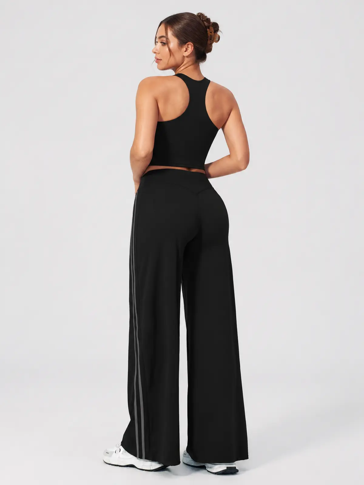 Ribbon Current High-Rise Wide-Leg Yoga Pants with Side Stripes — black — authoritative variation match