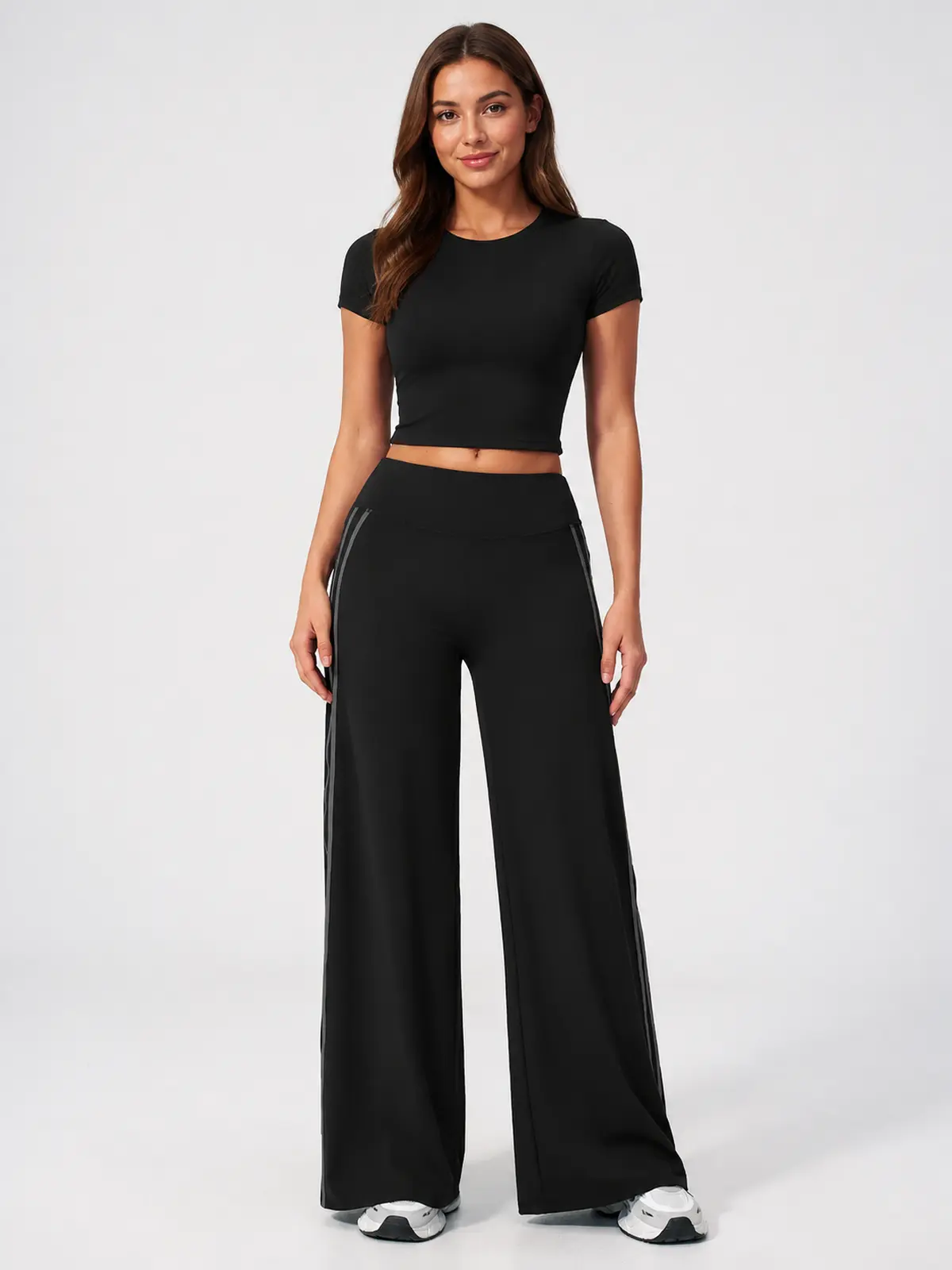 Ribbon Current High-Rise Wide-Leg Yoga Pants with Side Stripes — black — authoritative variation match