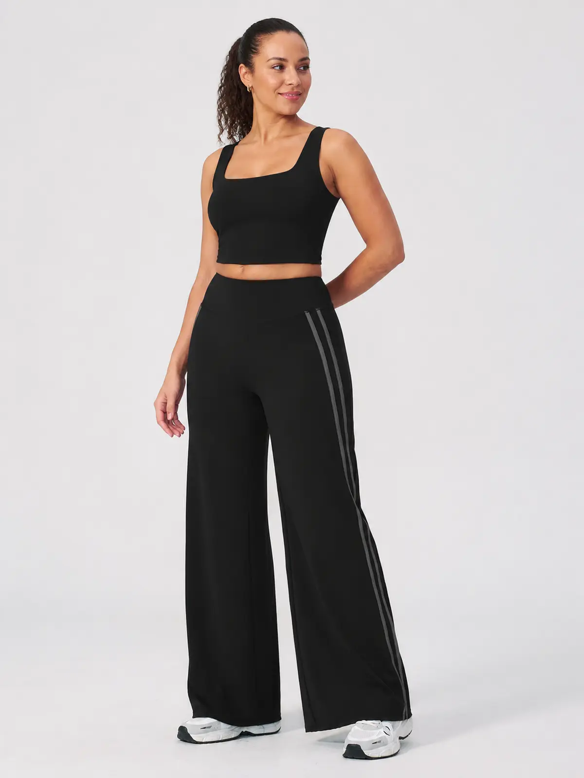 Ribbon Current High-Rise Wide-Leg Yoga Pants with Side Stripes — black — authoritative variation match