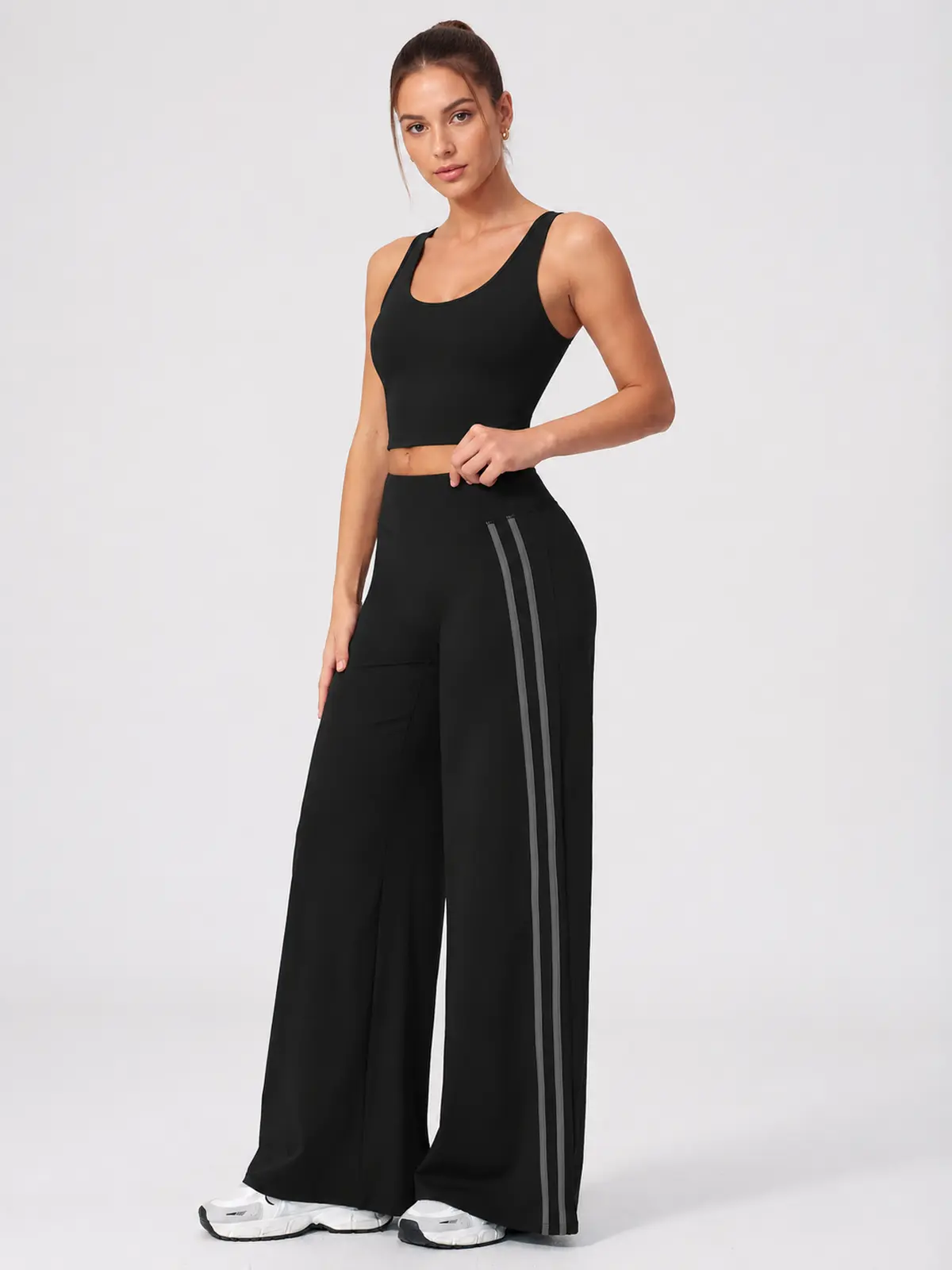 Ribbon Current High-Rise Wide-Leg Yoga Pants with Side Stripes — black — authoritative variation match