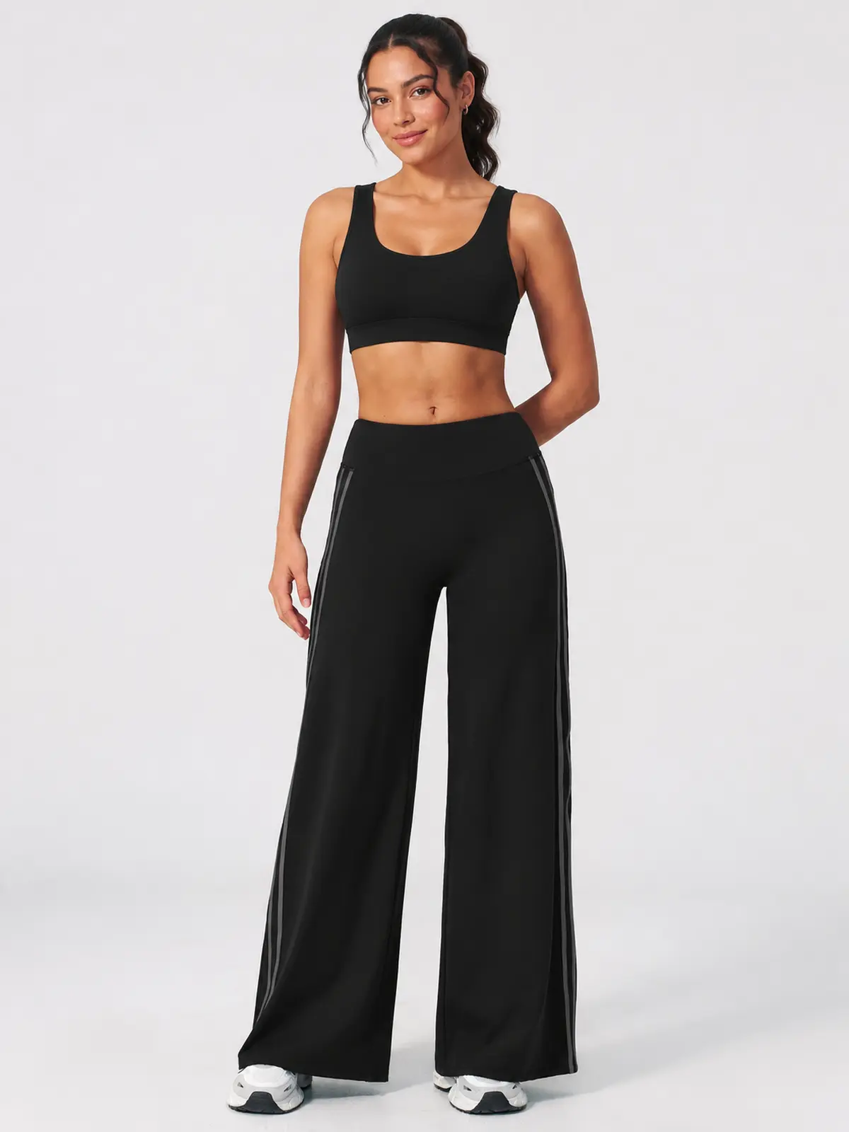 Ribbon Current High-Rise Wide-Leg Yoga Pants with Side Stripes — black — authoritative variation match