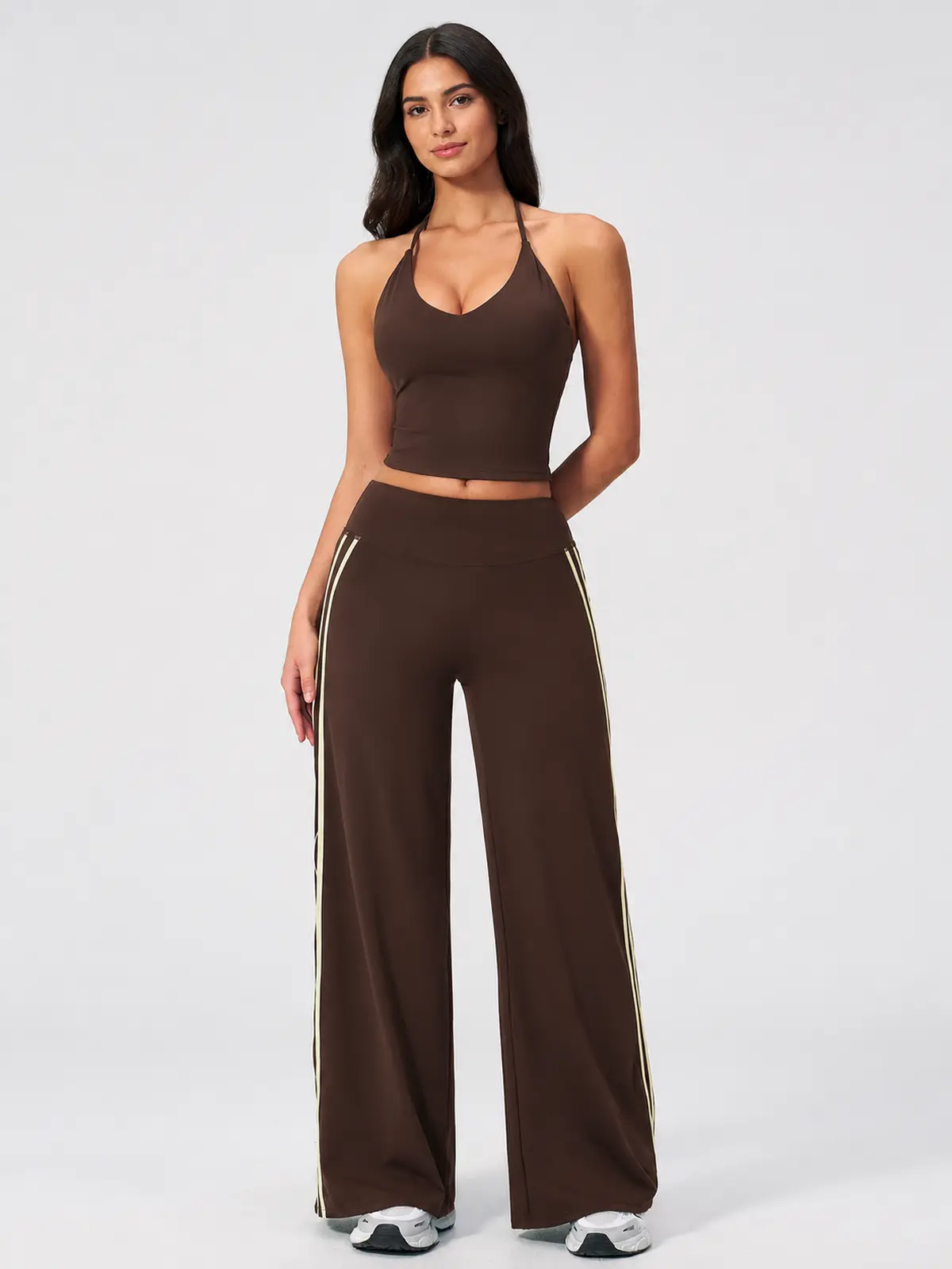 Ribbon Current High-Rise Wide-Leg Yoga Pants with Side Stripes — dark brown with cream side stripes — general — authoritative variation match