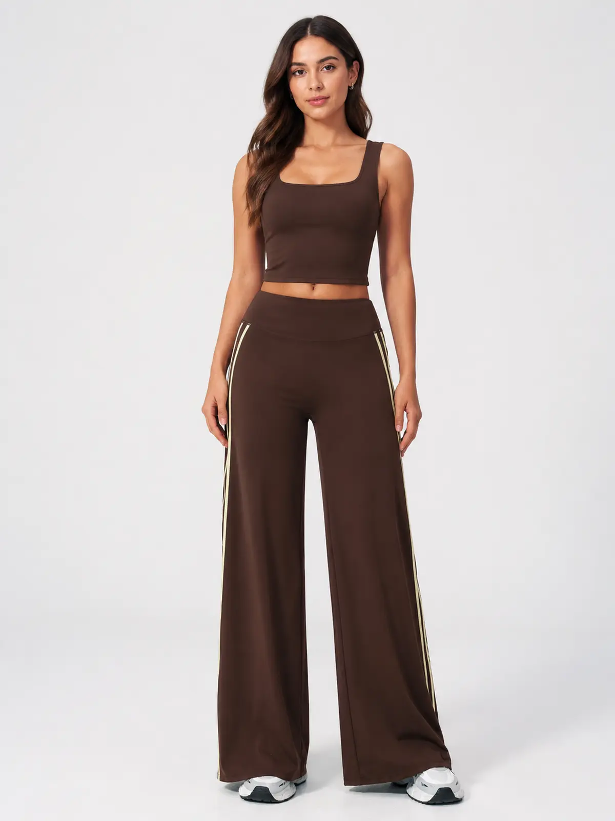 Ribbon Current High-Rise Wide-Leg Yoga Pants with Side Stripes — dark brown with cream side stripes — authoritative variation image