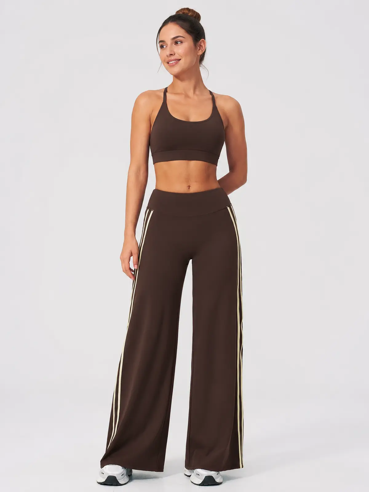 Ribbon Current High-Rise Wide-Leg Yoga Pants with Side Stripes — dark brown with cream side stripes — authoritative variation match