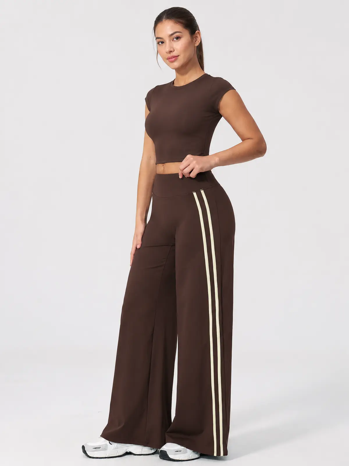 Ribbon Current High-Rise Wide-Leg Yoga Pants with Side Stripes — dark brown with cream side stripes — authoritative variation match