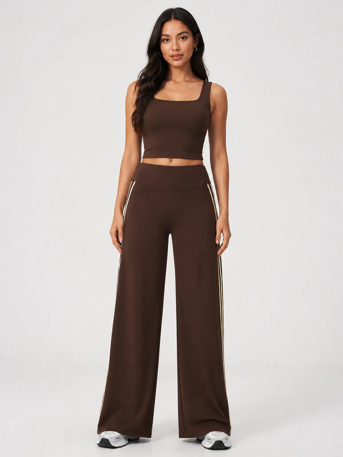 Ribbon Current High-Rise Wide-Leg Yoga Pants with Side Stripes — dark brown with cream side stripes — authoritative variation match