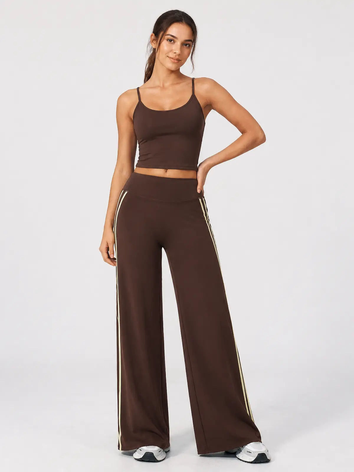 Ribbon Current High-Rise Wide-Leg Yoga Pants with Side Stripes — dark brown with cream side stripes — authoritative variation match