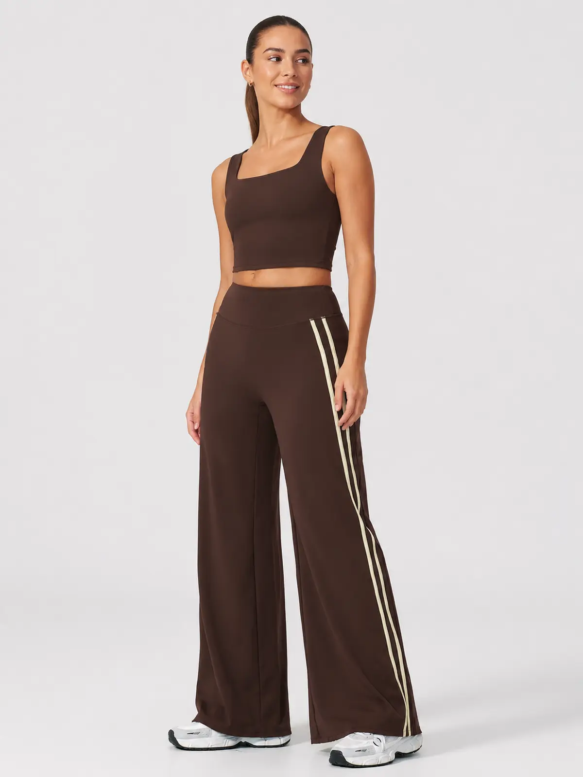 Ribbon Current High-Rise Wide-Leg Yoga Pants with Side Stripes — dark brown with cream side stripes — authoritative variation match