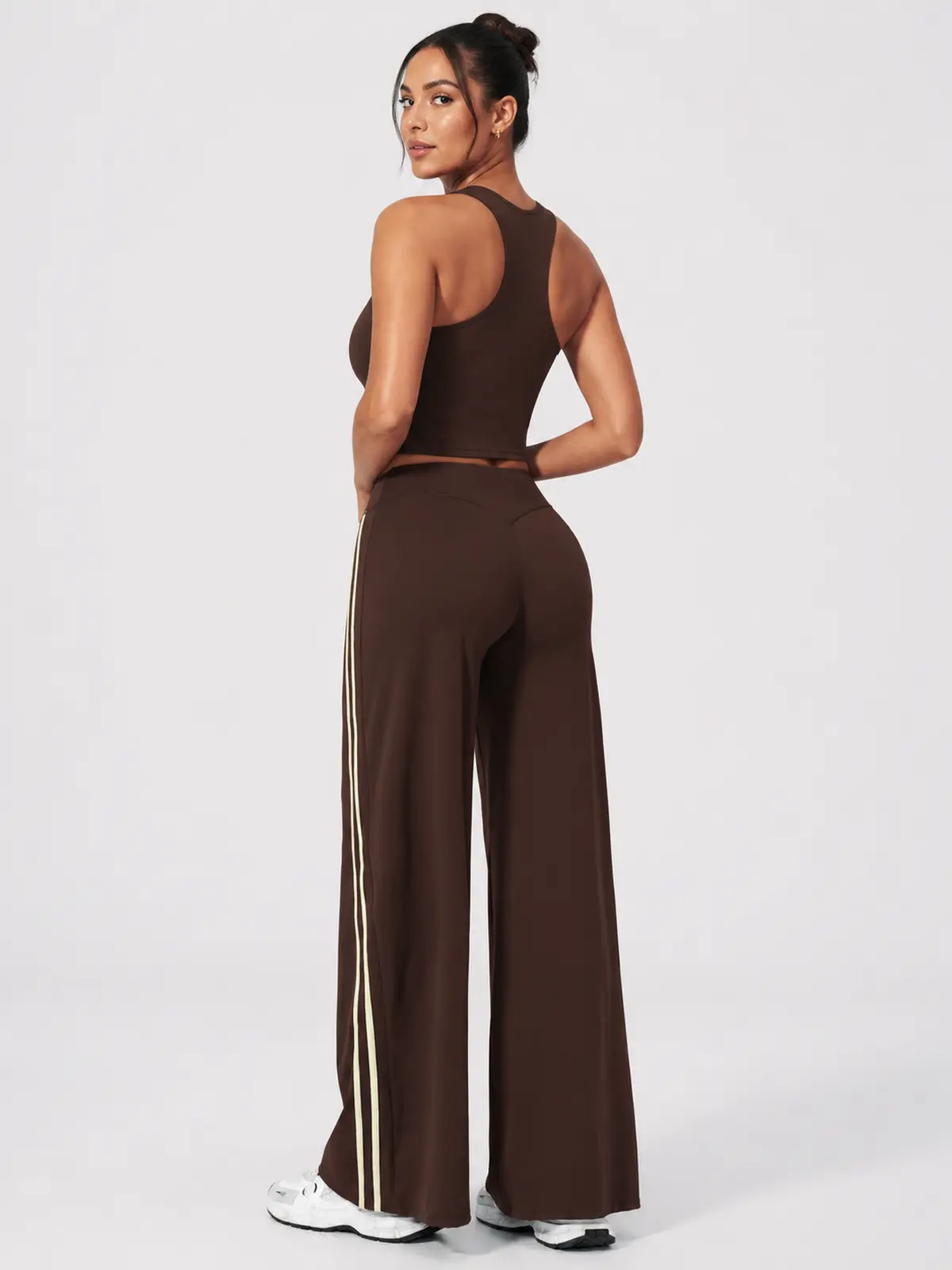 Ribbon Current High-Rise Wide-Leg Yoga Pants with Side Stripes — dark brown with cream side stripes — authoritative variation match