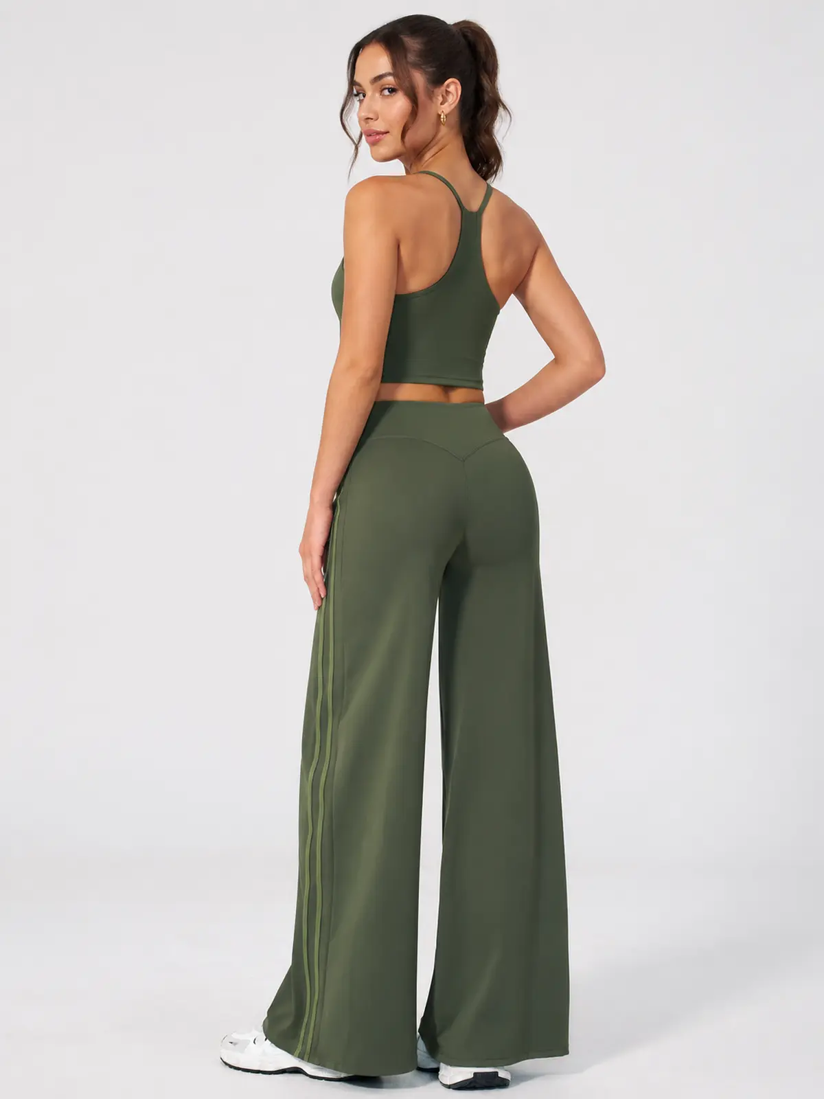 Ribbon Current High-Rise Wide-Leg Yoga Pants with Side Stripes — moss green — flare-leggings — authoritative variation match