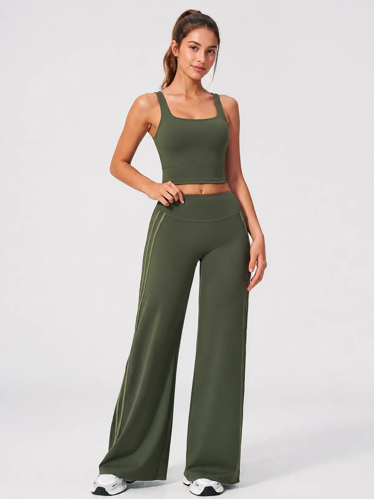 Ribbon Current High-Rise Wide-Leg Yoga Pants with Side Stripes — moss green — flare-leggings — authoritative variation match