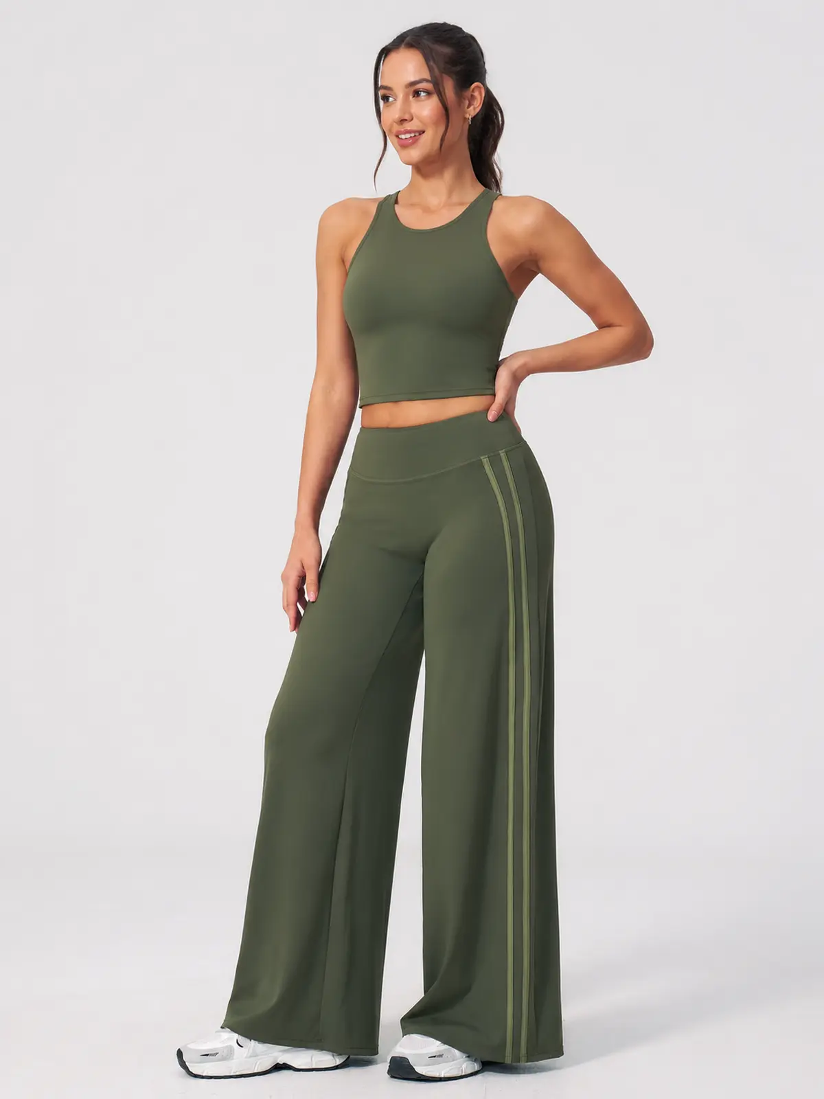 Ribbon Current High-Rise Wide-Leg Yoga Pants with Side Stripes — moss green — flare-leggings — authoritative variation match