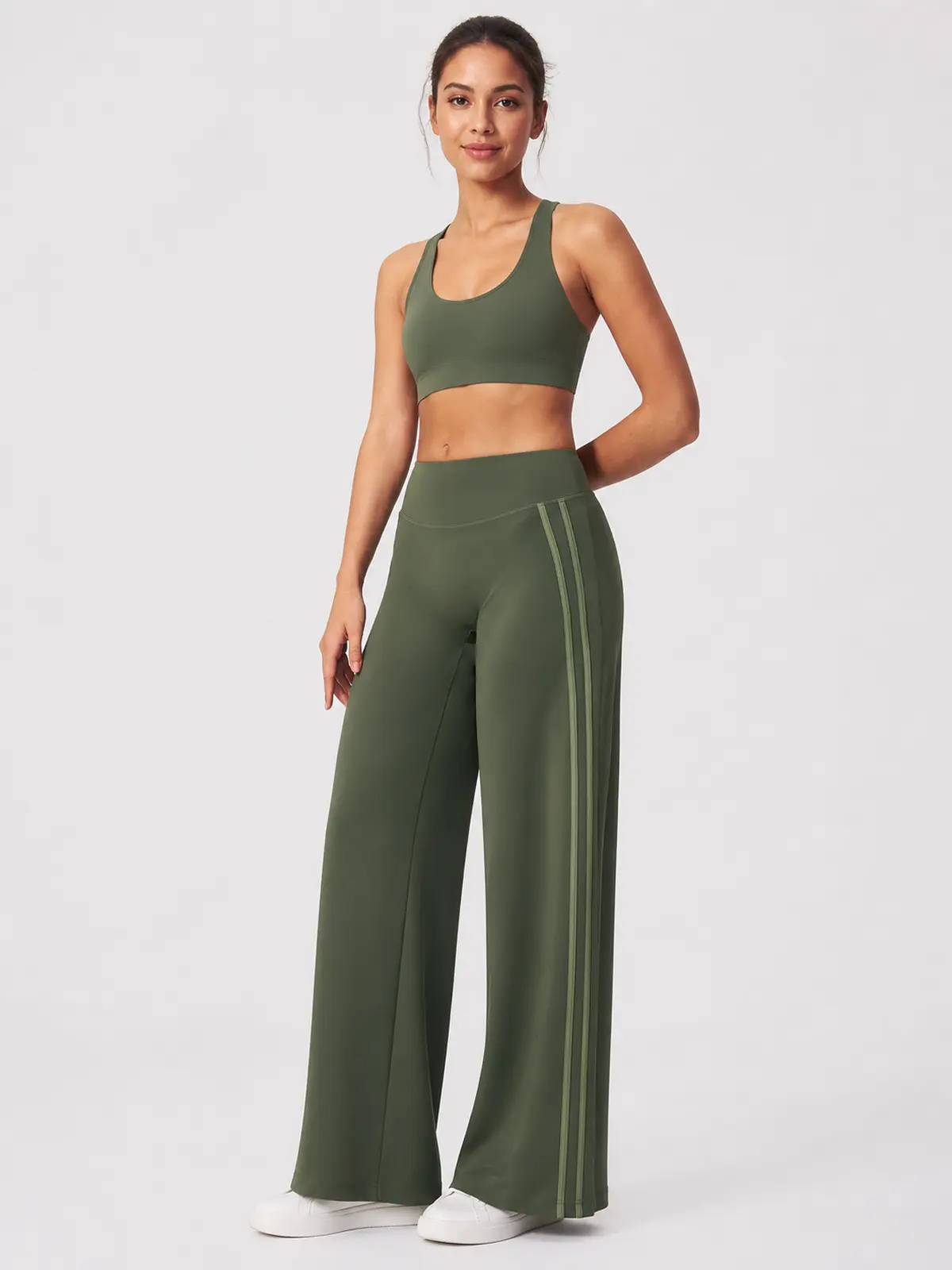 Ribbon Current High-Rise Wide-Leg Yoga Pants with Side Stripes — moss green — flare-leggings — authoritative variation match