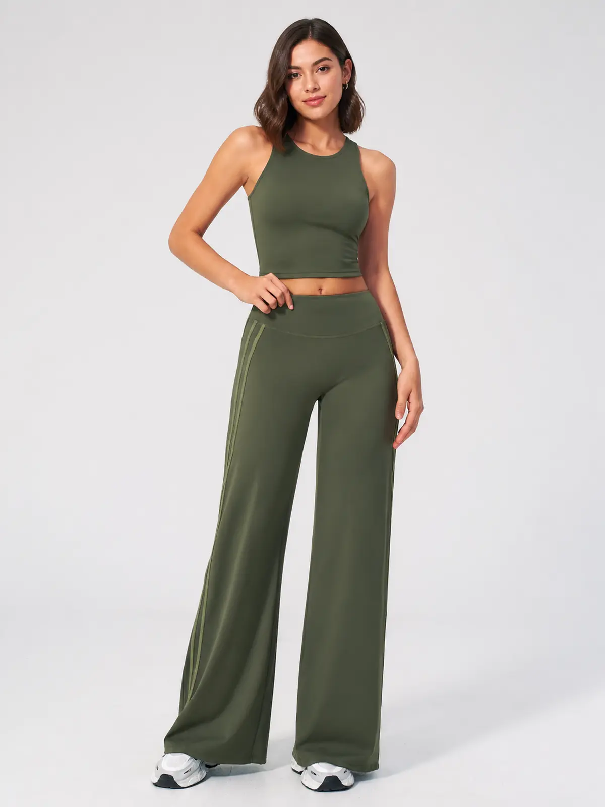 Ribbon Current High-Rise Wide-Leg Yoga Pants with Side Stripes — moss green — flare-leggings — authoritative variation match