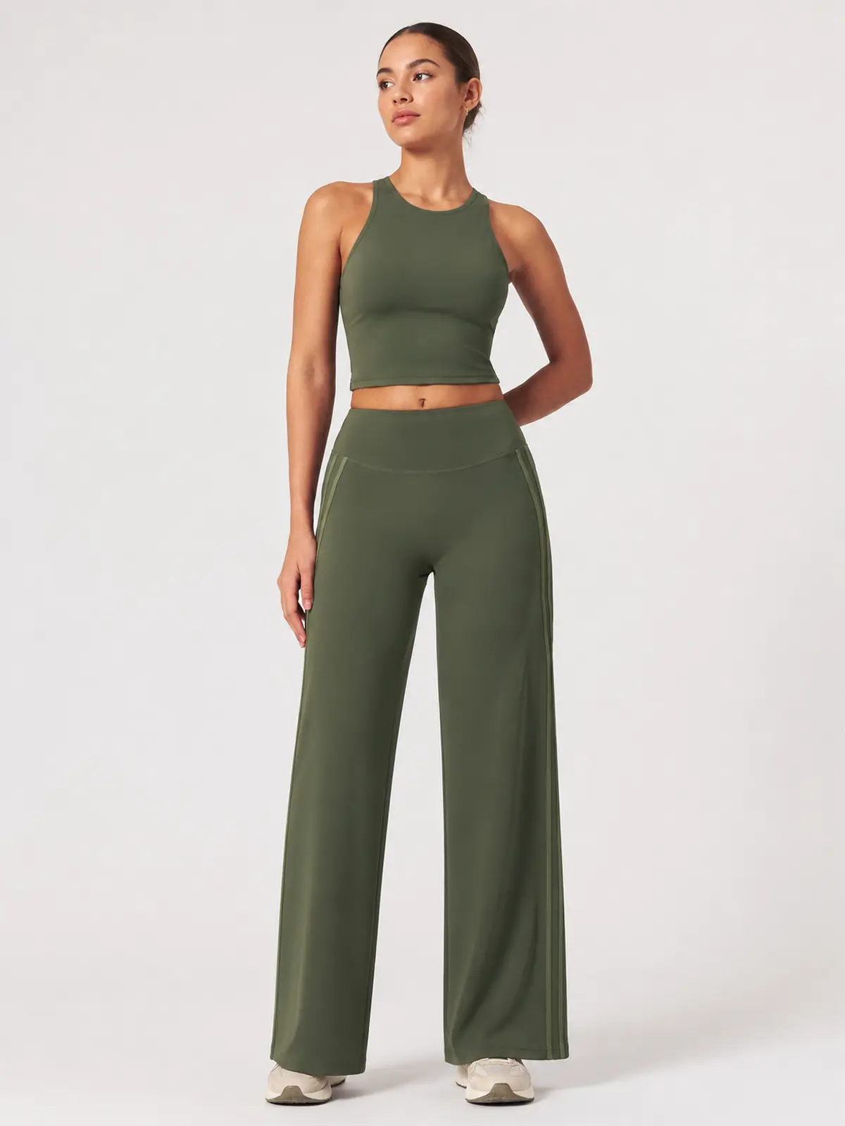 Ribbon Current High-Rise Wide-Leg Yoga Pants with Side Stripes — moss green — flare-leggings — authoritative variation match