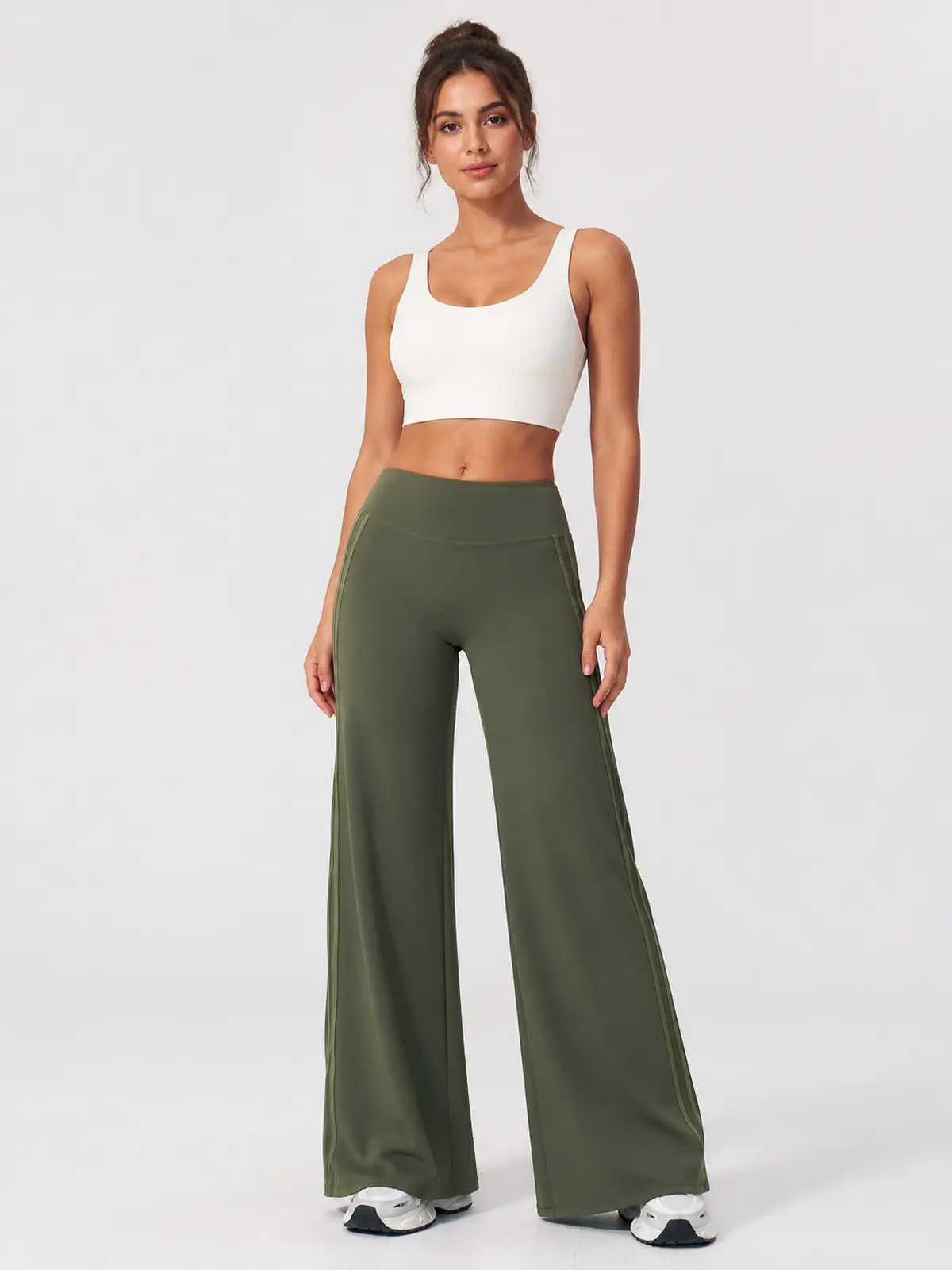 Ribbon Current High-Rise Wide-Leg Yoga Pants with Side Stripes — moss green — flare-leggings — authoritative variation match