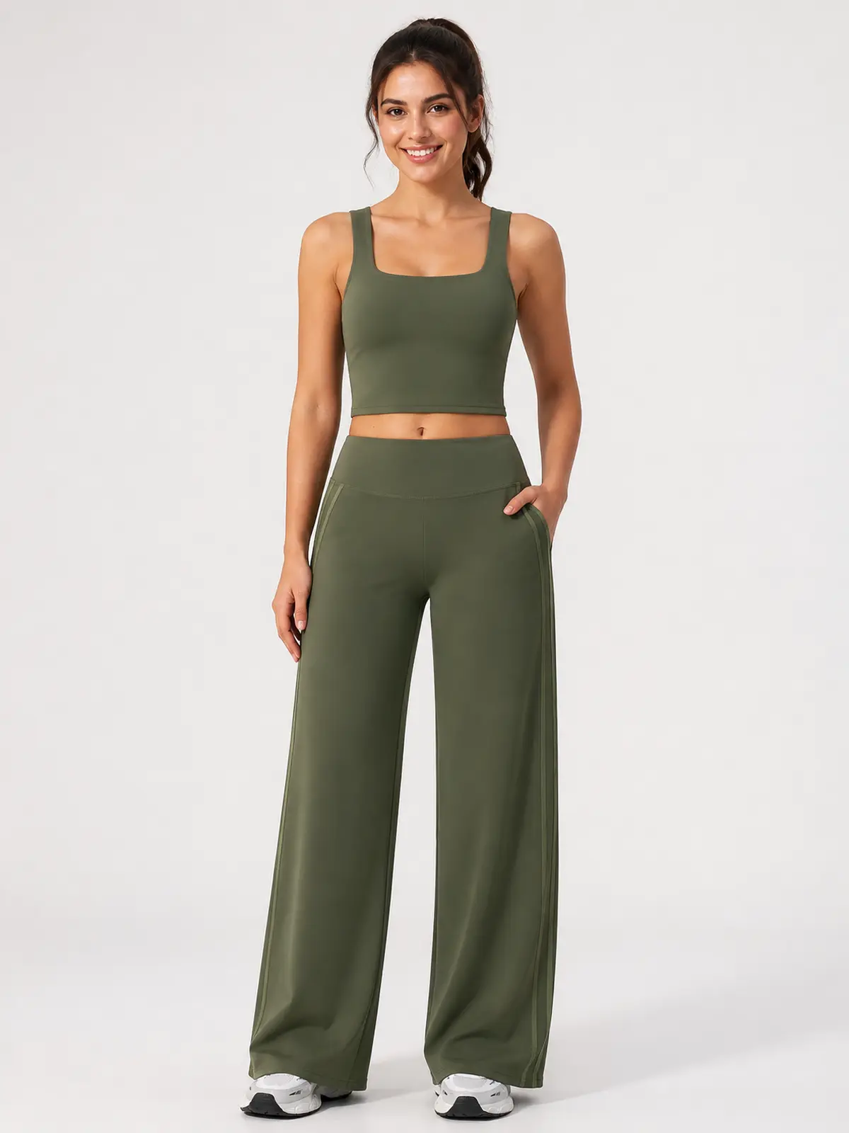 Ribbon Current High-Rise Wide-Leg Yoga Pants with Side Stripes — moss green — authoritative variation image