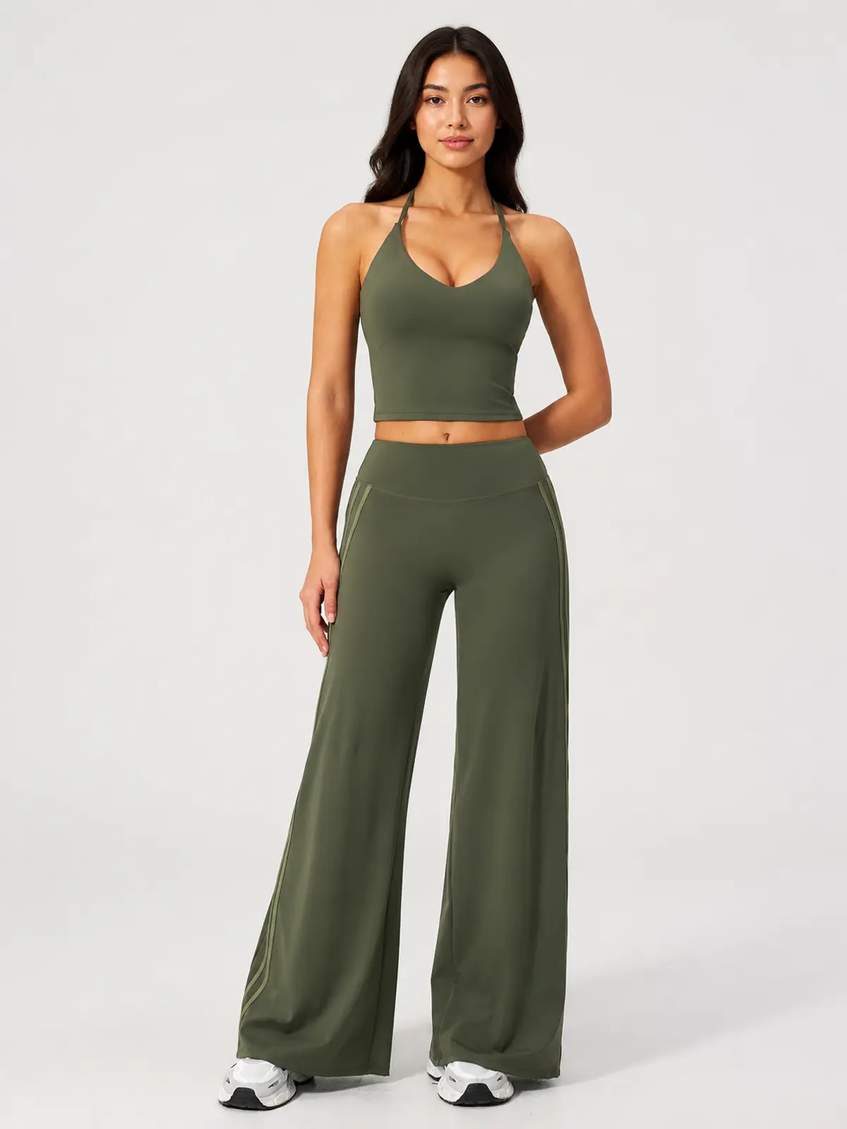 Ribbon Current High-Rise Wide-Leg Yoga Pants with Side Stripes — moss green — authoritative variation match