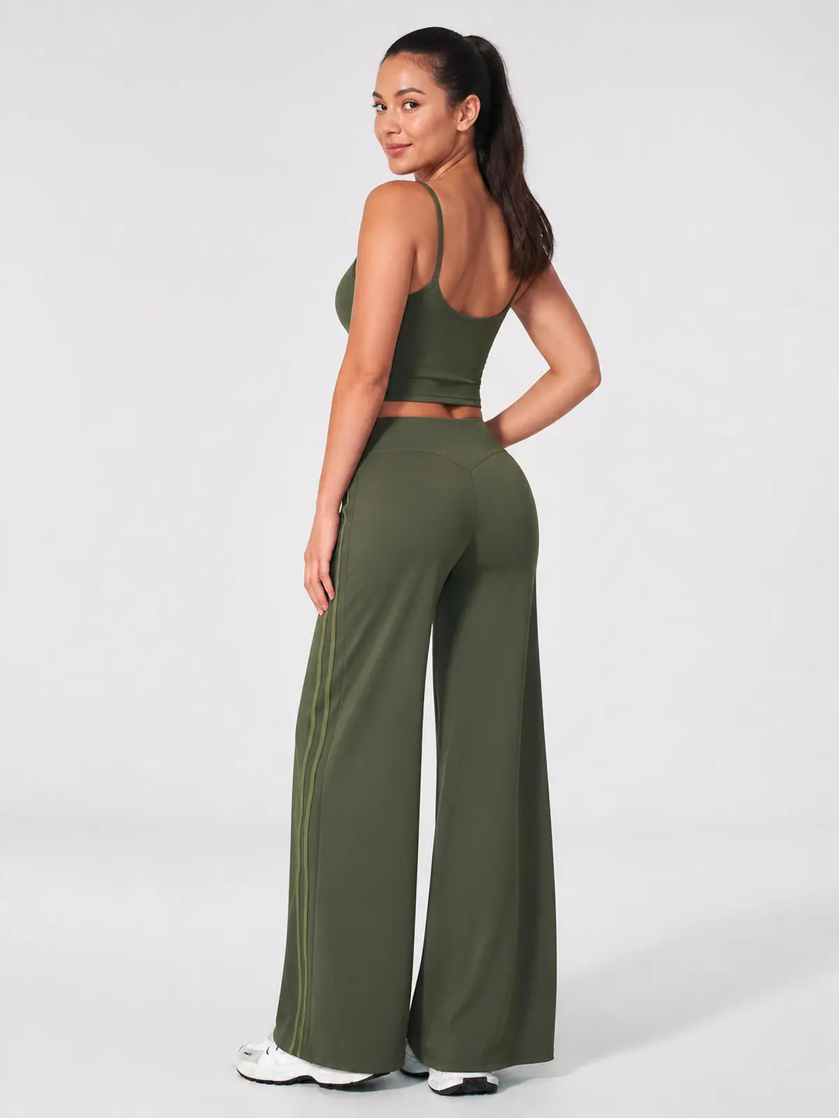 Ribbon Current High-Rise Wide-Leg Yoga Pants with Side Stripes — moss green — authoritative variation match