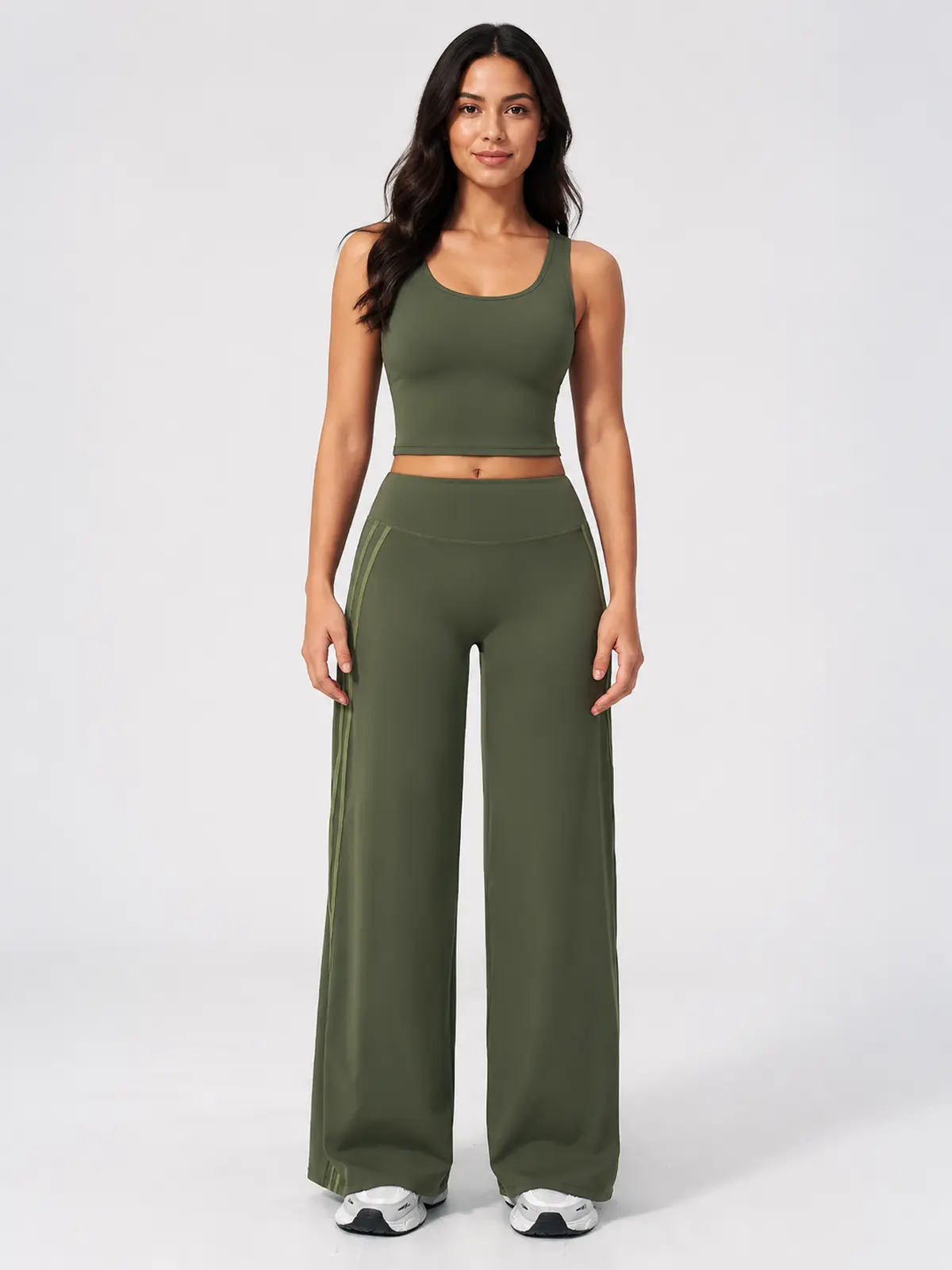 Ribbon Current High-Rise Wide-Leg Yoga Pants with Side Stripes — moss green — authoritative variation match