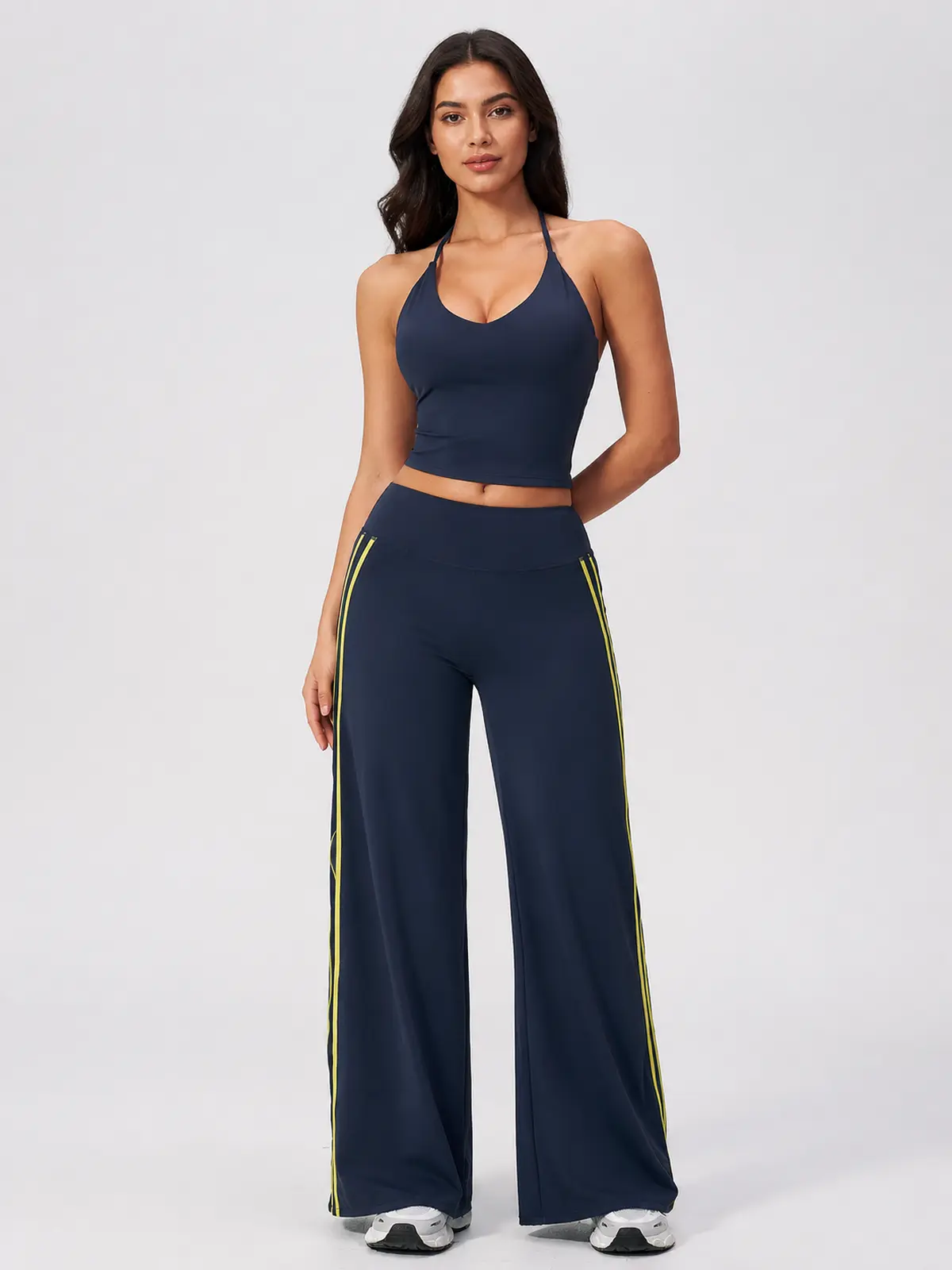 Ribbon Current High-Rise Wide-Leg Yoga Pants with Side Stripes — navy blue with bright yellow side stripes — flare-leggings — authoritative variation match