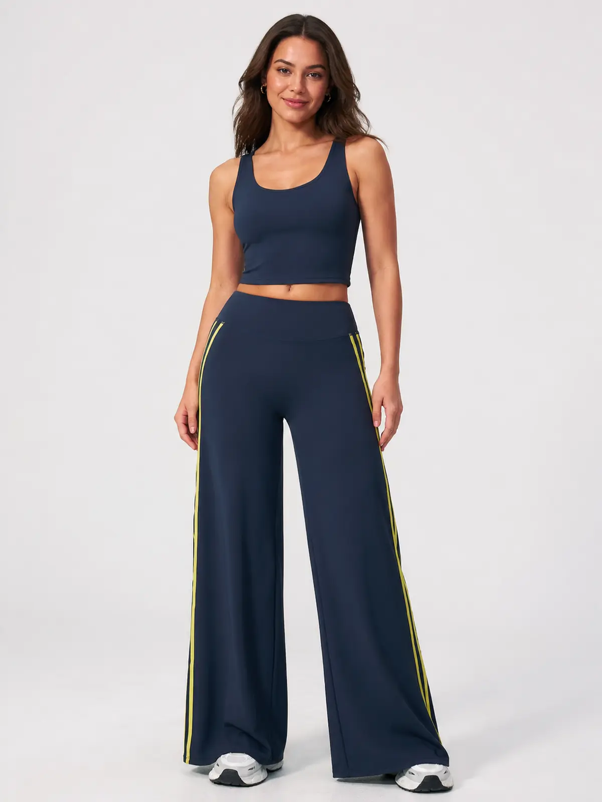 Ribbon Current High-Rise Wide-Leg Yoga Pants with Side Stripes — navy blue with bright yellow side stripes — flare-leggings — authoritative variation match