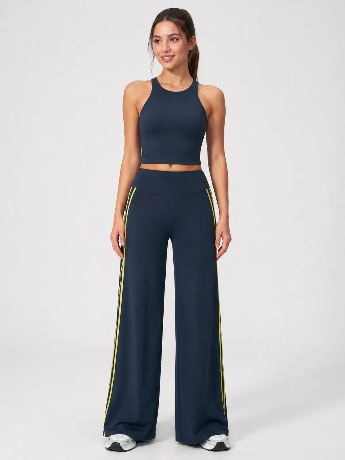 Ribbon Current High-Rise Wide-Leg Yoga Pants with Side Stripes — navy blue with bright yellow side stripes — authoritative variation image