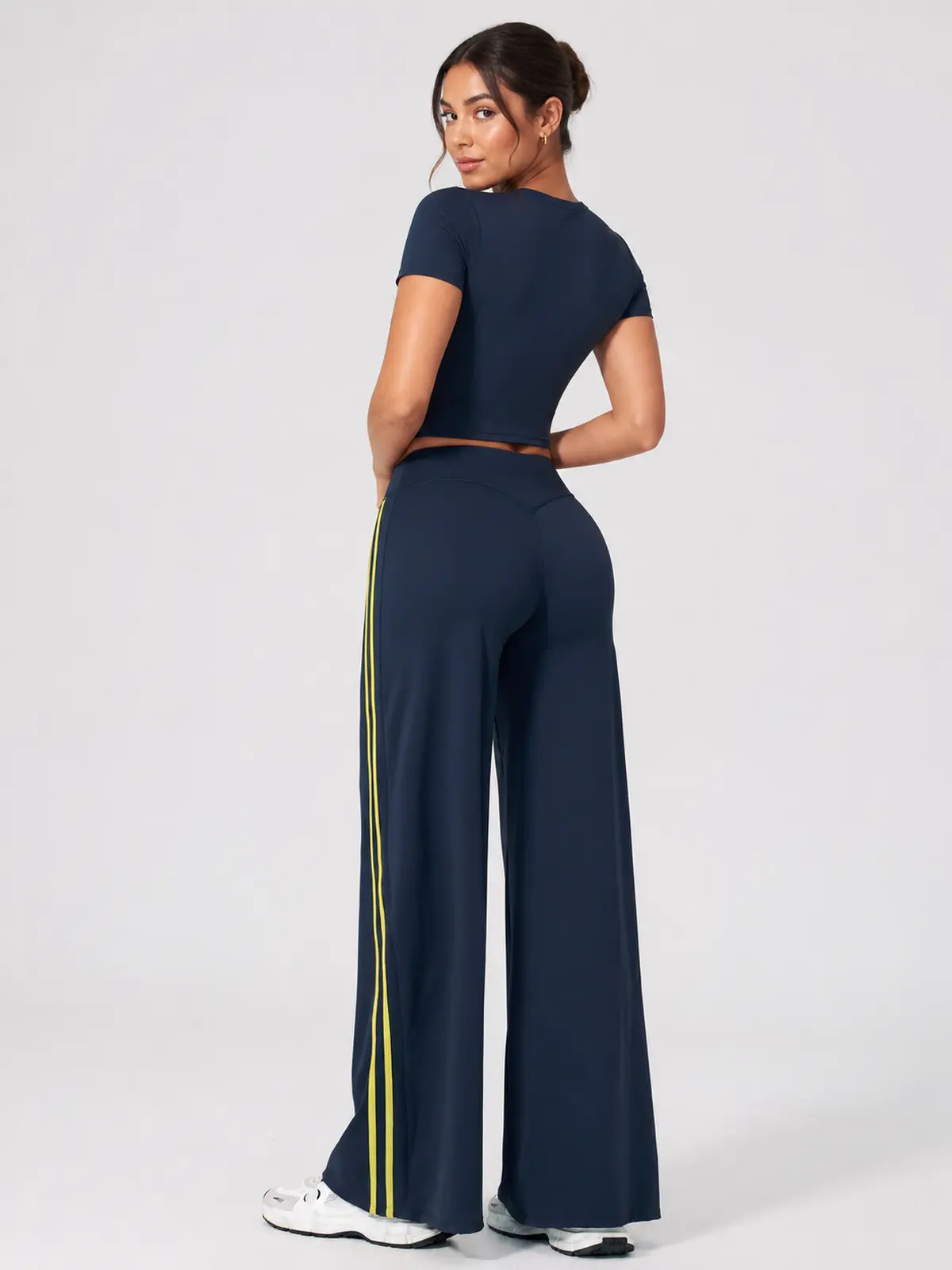 Ribbon Current High-Rise Wide-Leg Yoga Pants with Side Stripes — navy blue with bright yellow side stripes — authoritative variation match