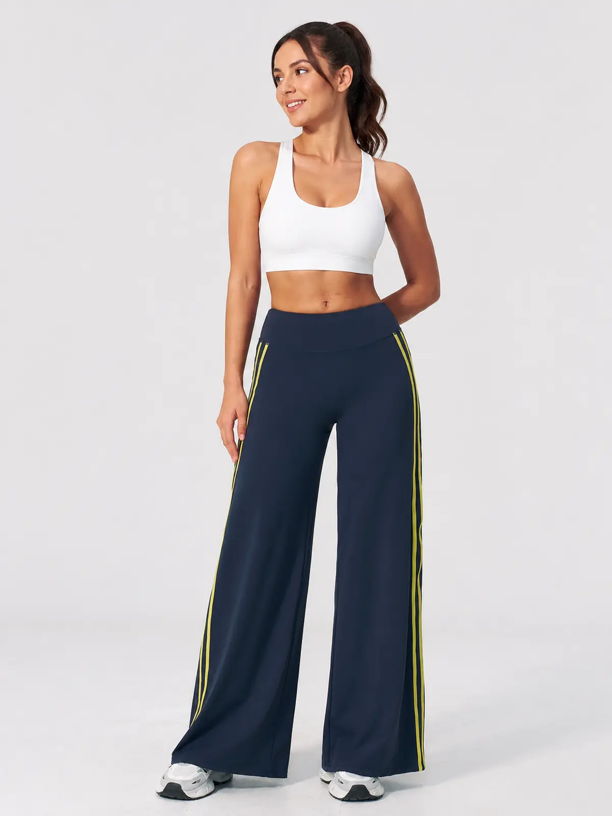 Ribbon Current High-Rise Wide-Leg Yoga Pants with Side Stripes — navy blue with bright yellow side stripes — authoritative variation match