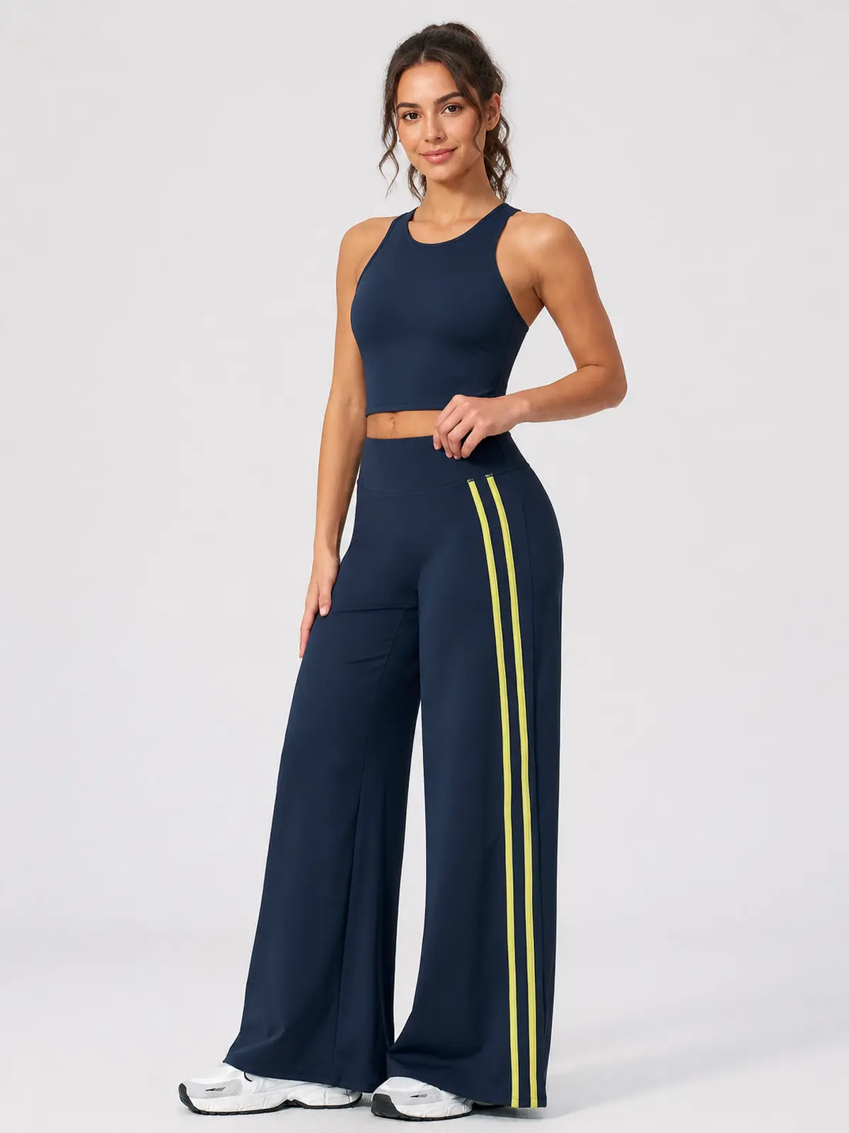 Ribbon Current High-Rise Wide-Leg Yoga Pants with Side Stripes — navy blue with bright yellow side stripes — authoritative variation match