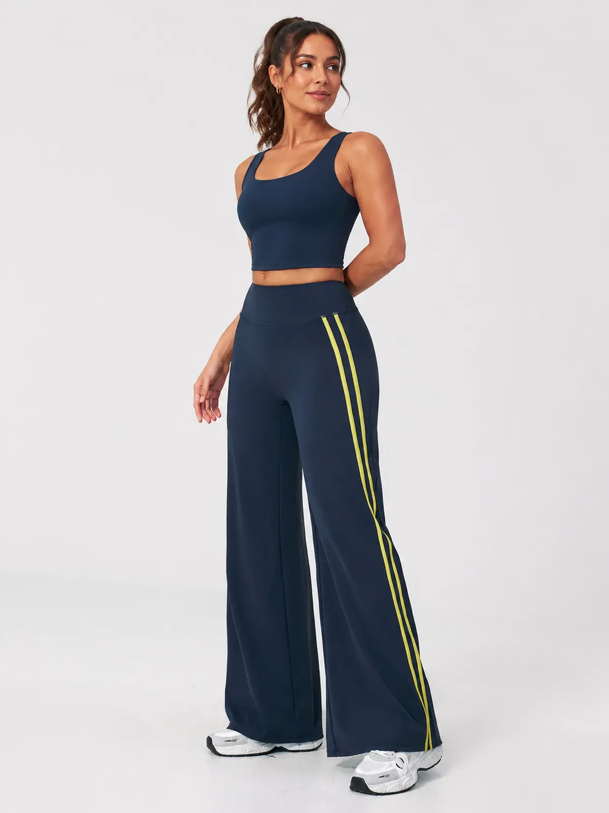 Ribbon Current High-Rise Wide-Leg Yoga Pants with Side Stripes — navy blue with bright yellow side stripes — authoritative variation match