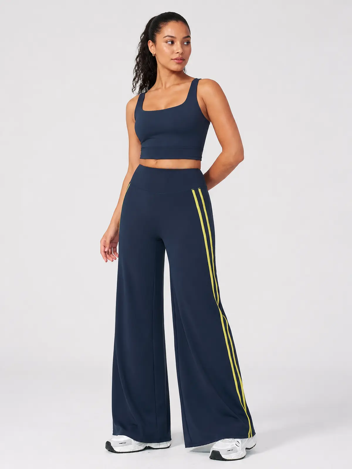 Ribbon Current High-Rise Wide-Leg Yoga Pants with Side Stripes — navy blue with bright yellow side stripes — authoritative variation match