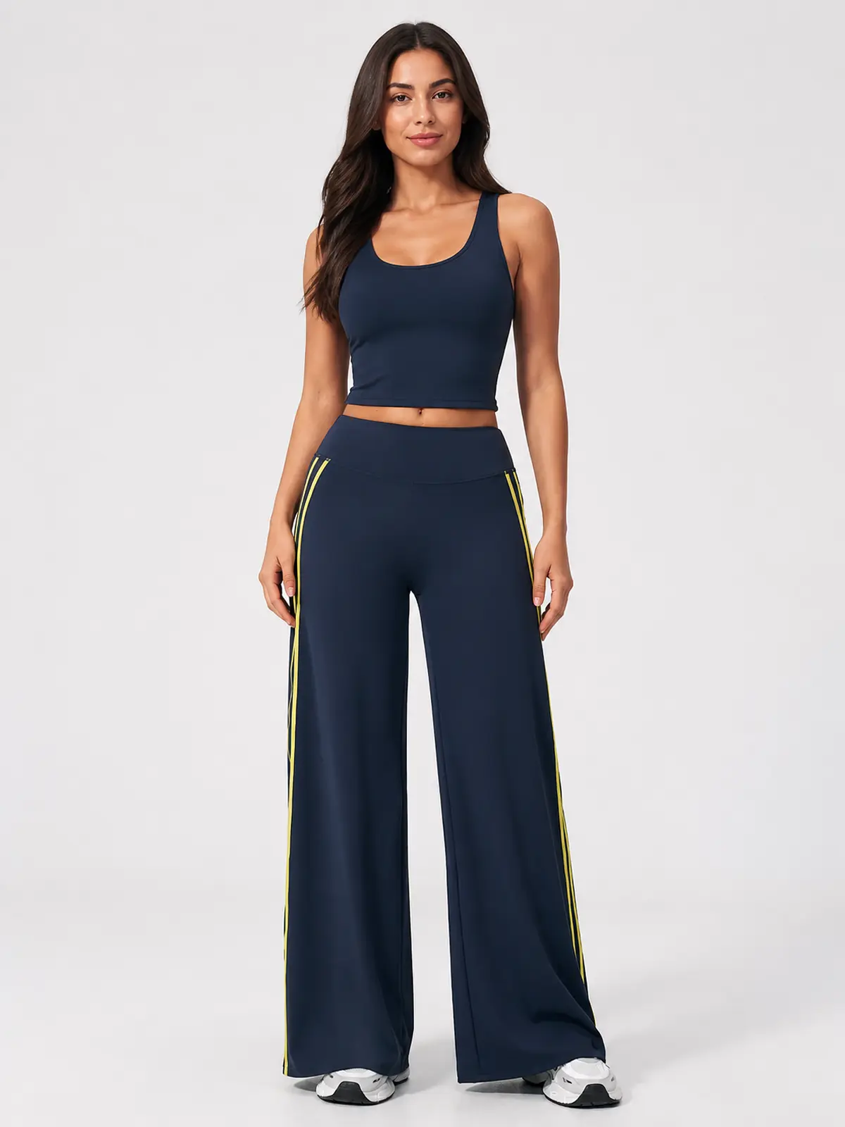 Ribbon Current High-Rise Wide-Leg Yoga Pants with Side Stripes — navy blue with bright yellow side stripes — authoritative variation match