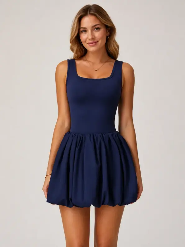 Rivulet Petal Square-Neck Exercise Dress — navy blue — exercise-dress — authoritative variation match