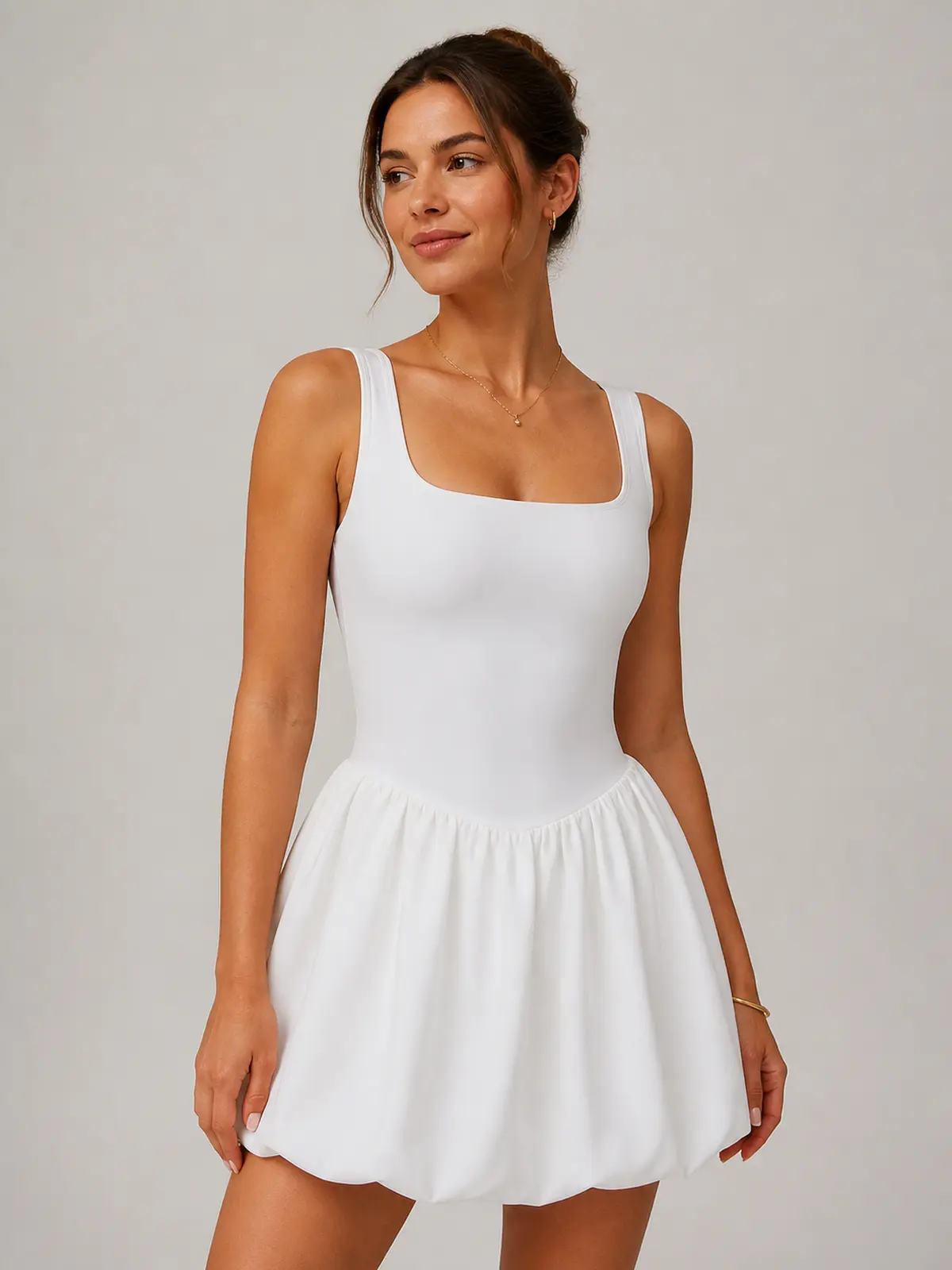 Rivulet Petal Square-Neck Exercise Dress — white — exercise-dress — authoritative variation match