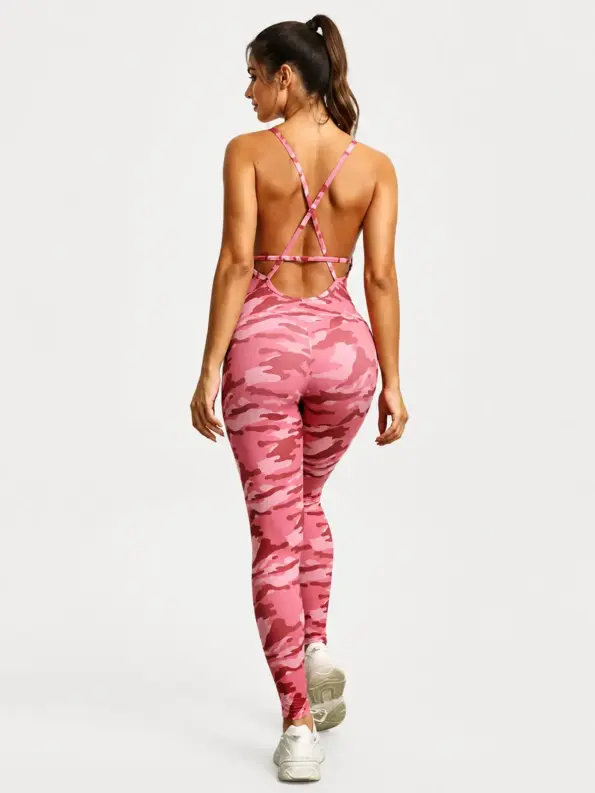 Rook Ribbon Sleeveless Crisscross-Back Yoga Jumpsuit — pink camouflage — unitard — authoritative variation match