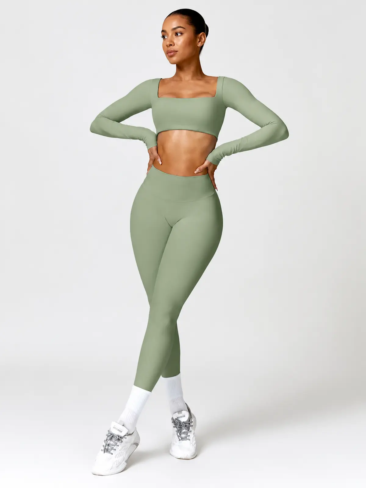 Rookery Tide Square-Neck Long-Sleeve Crop Top and Full-Length Leggings Set — basil green — general — authoritative variation image