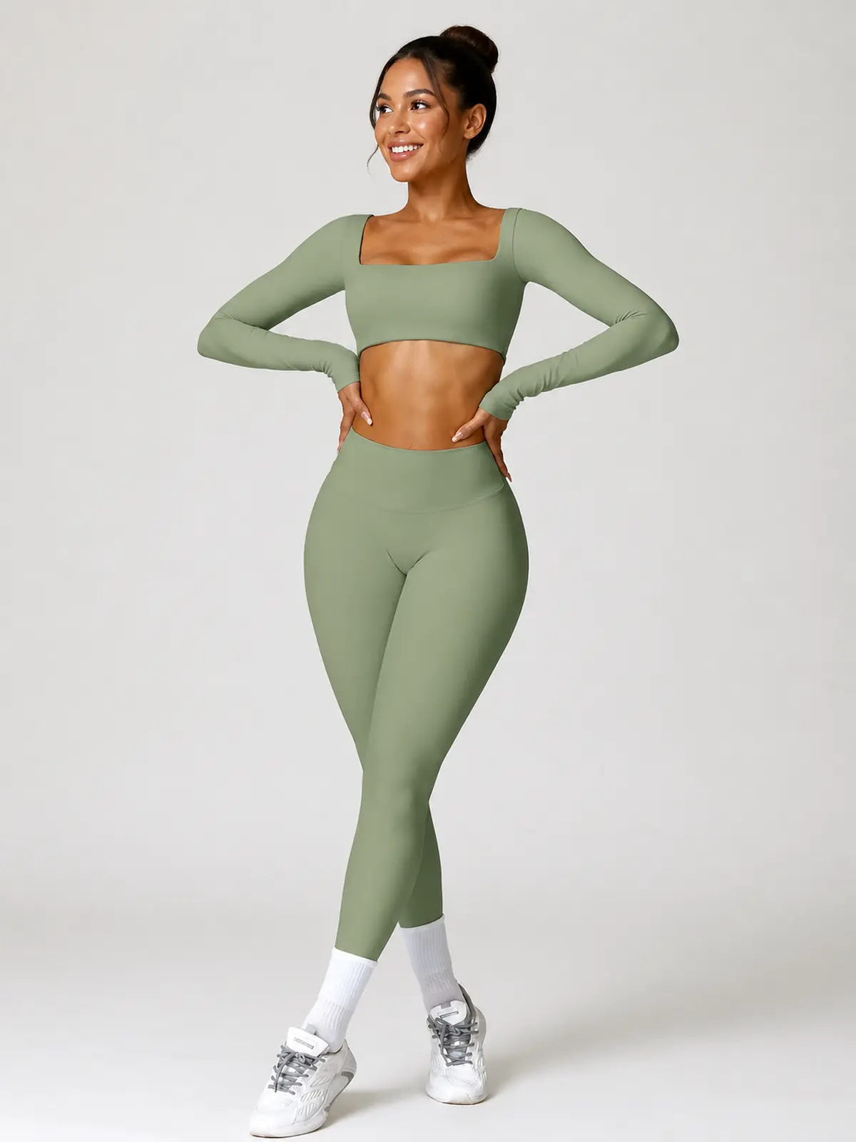 Rookery Tide Square-Neck Long-Sleeve Crop Top and Full-Length Leggings Set — basil green — general — authoritative variation match