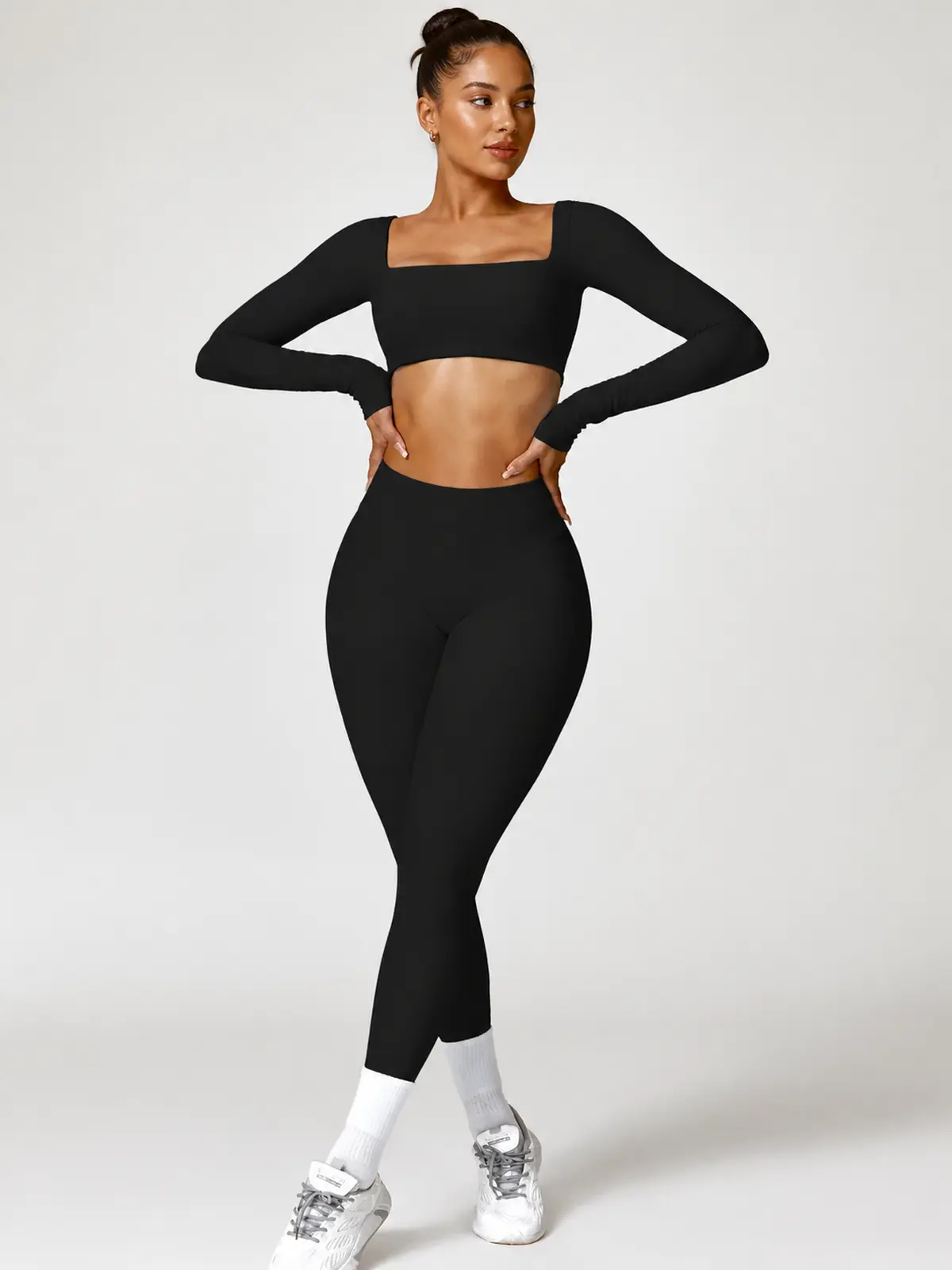 Rookery Tide Square-Neck Long-Sleeve Crop Top and Full-Length Leggings Set — black — general — authoritative variation match
