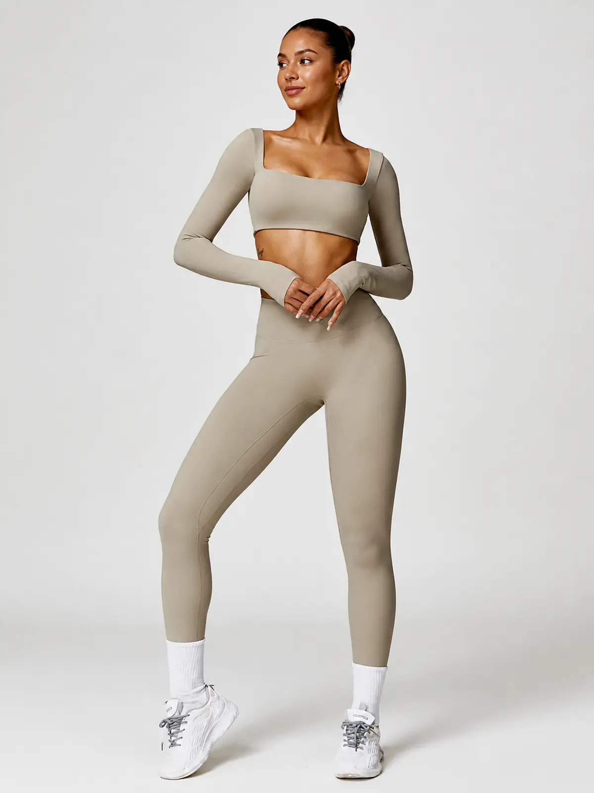 Rookery Tide Square-Neck Long-Sleeve Crop Top and Full-Length Leggings Set — light camel beige — general — authoritative variation image