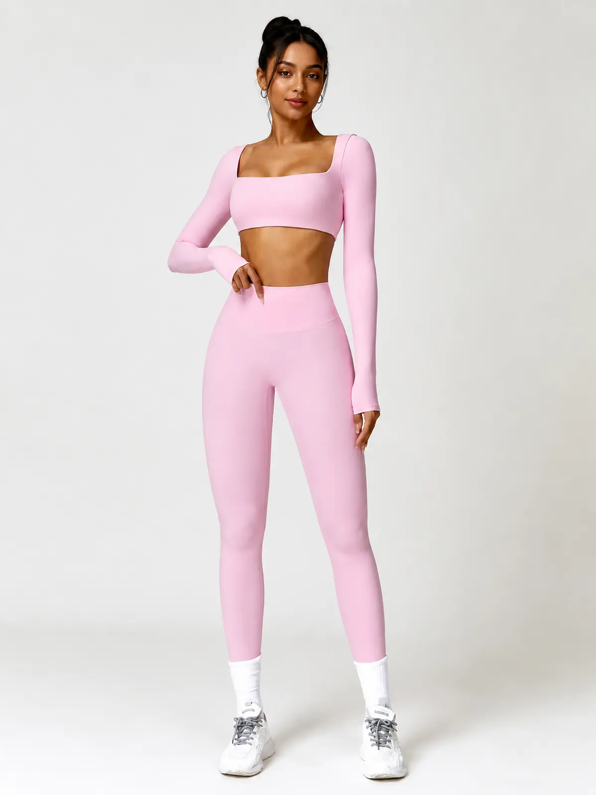 Rookery Tide Square-Neck Long-Sleeve Crop Top and Full-Length Leggings Set — light pink — general — authoritative variation image