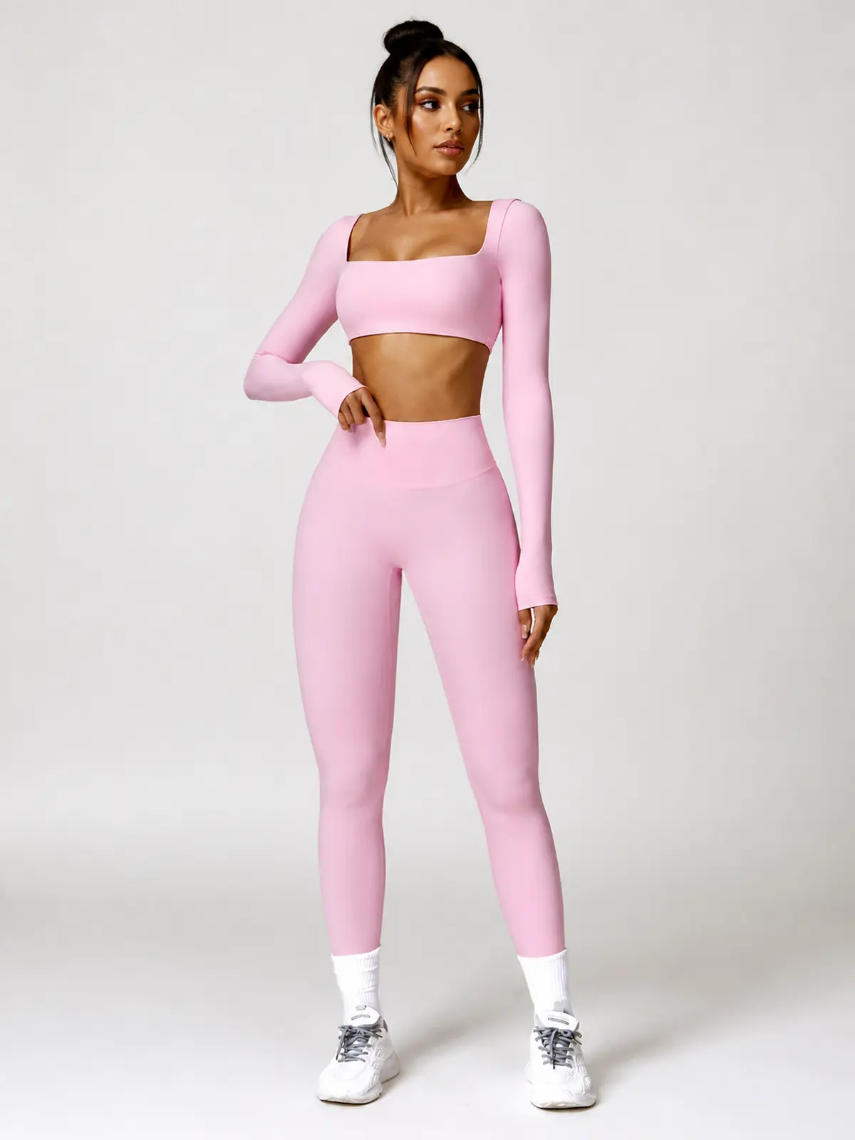 Rookery Tide Square-Neck Long-Sleeve Crop Top and Full-Length Leggings Set — light pink — general — authoritative variation match