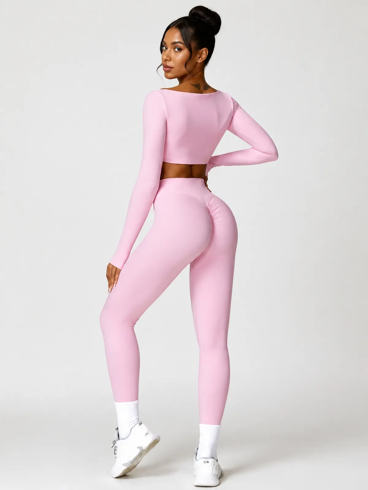 Rookery Tide Square-Neck Long-Sleeve Crop Top and Full-Length Leggings Set — light pink — general — authoritative variation match